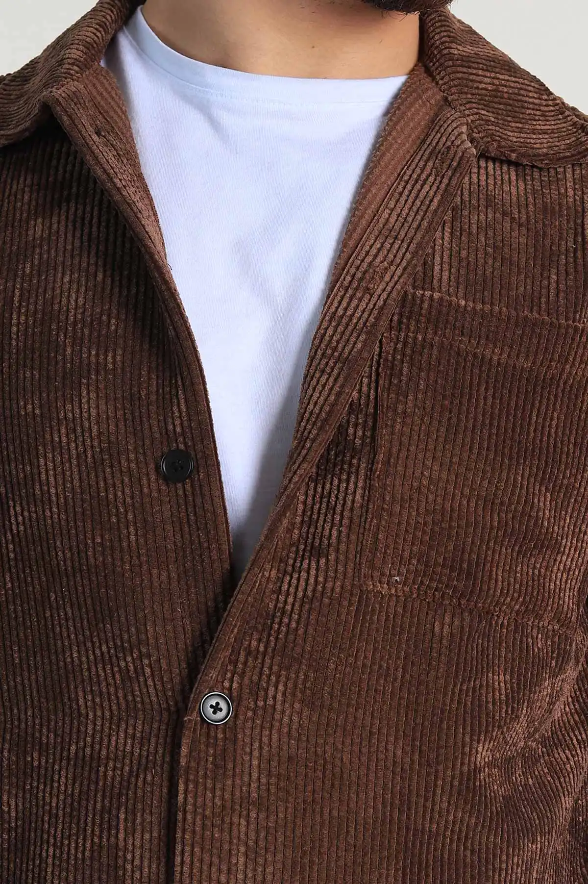 Kahverengi Oversize Fitilli Kadife Cep Detaylı Erkek Gömlek 318410