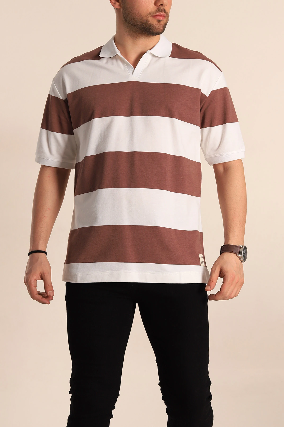 Kahverengi Oversize İki İp Geniş Çizgili Polo Yaka Erkek Tişört 257563