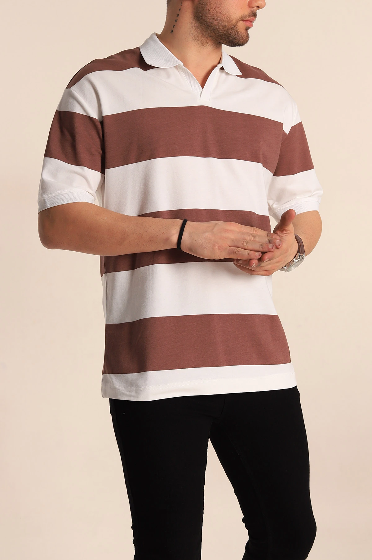 Kahverengi Oversize İki İp Geniş Çizgili Polo Yaka Erkek Tişört 257563