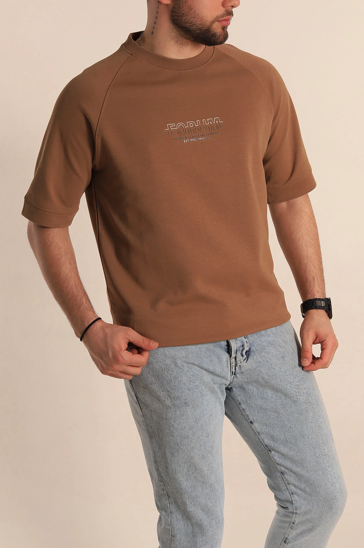 Kahverengi Oversize İki İp Kabartma Yazılı Reglan Kol Detaylı Erkek Tişört 266860