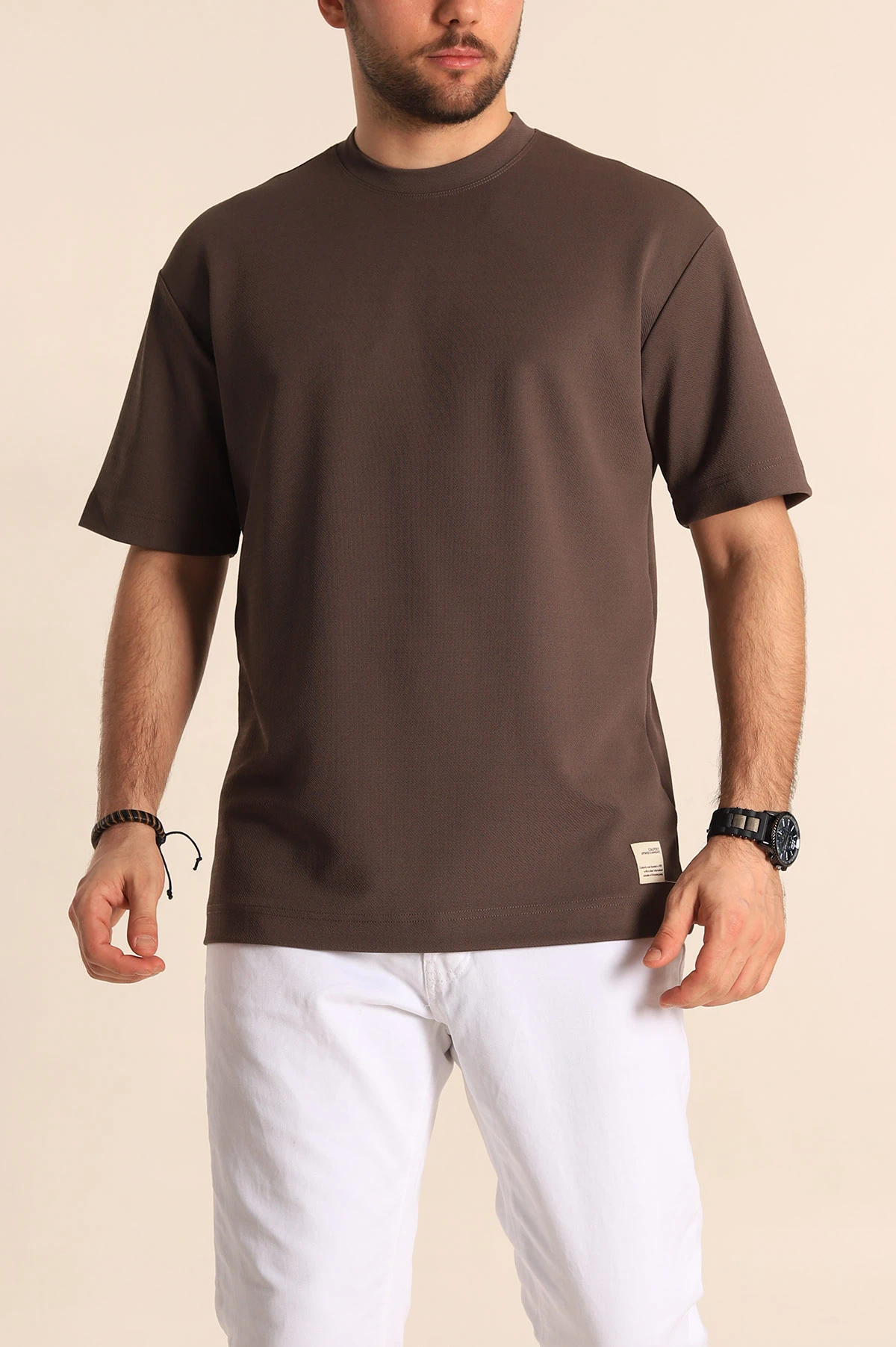 Kahverengi Oversize Jakarlı Basic Erkek Tişört 249459