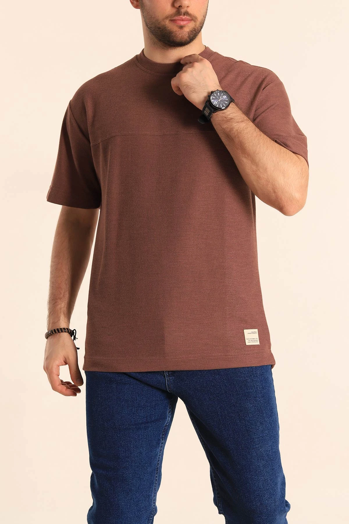 Kahverengi Oversize Jakarlı Dikiş Detaylı Erkek Tişört 253351