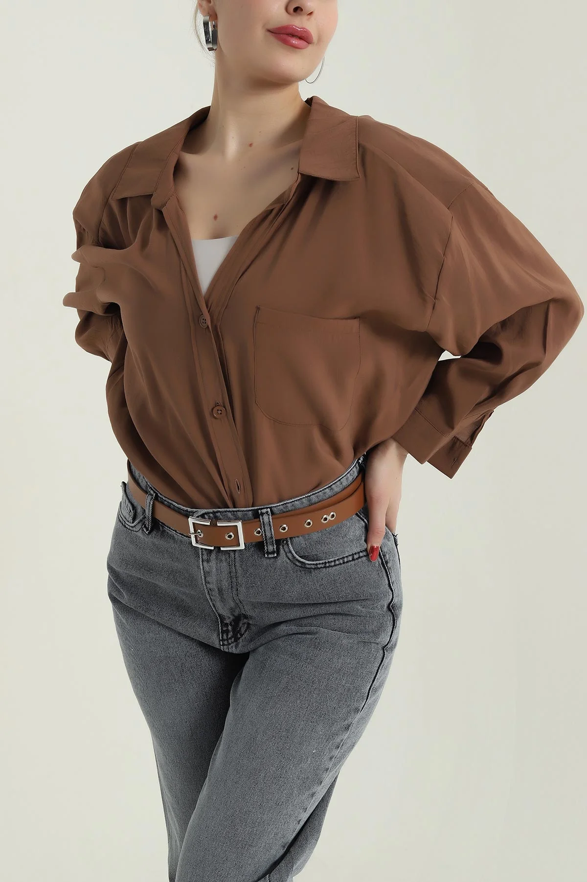 Kahverengi Oversize Modal Kadın Gömlek 427914