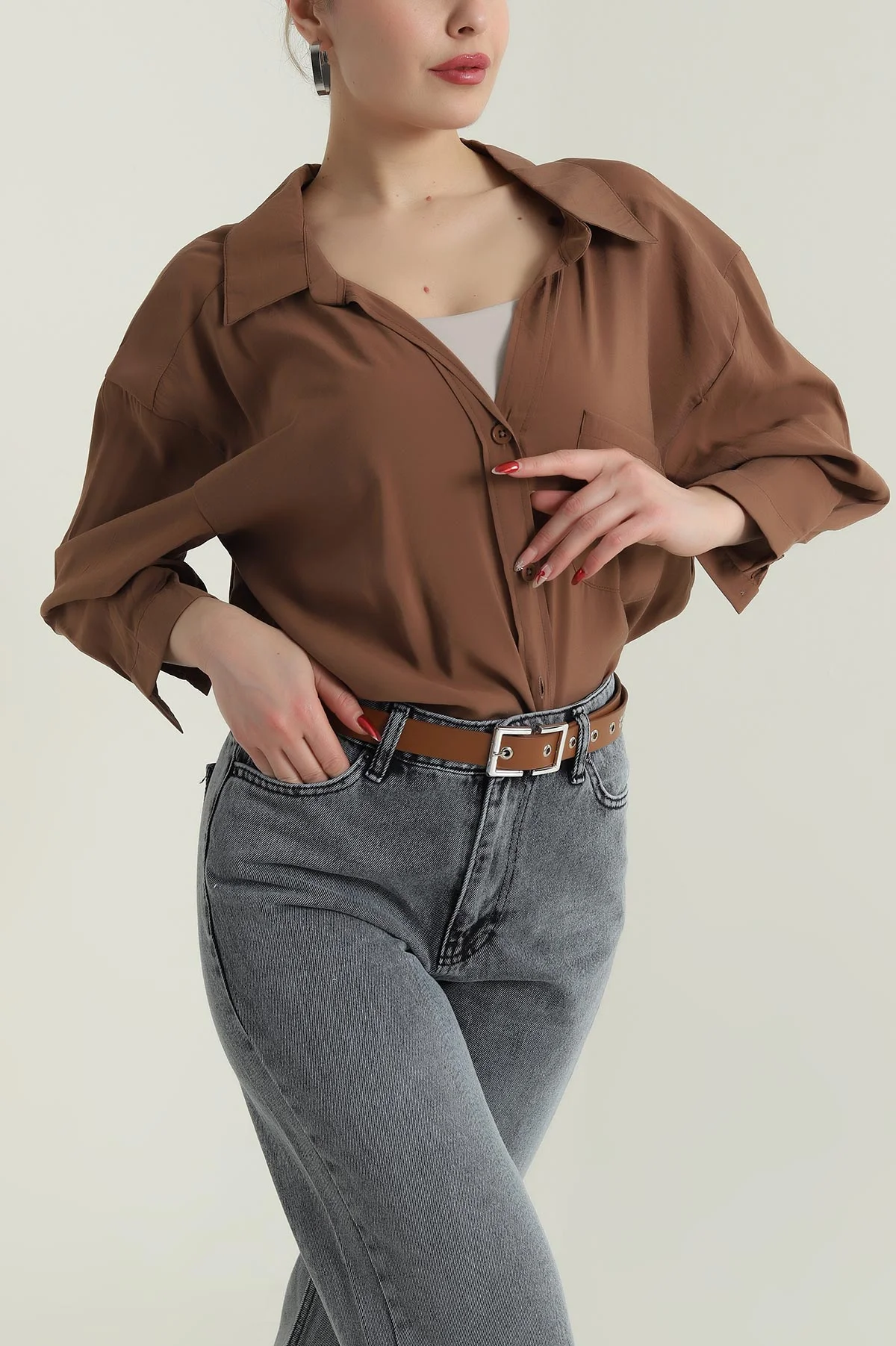 Kahverengi Oversize Modal Kadın Gömlek 427914