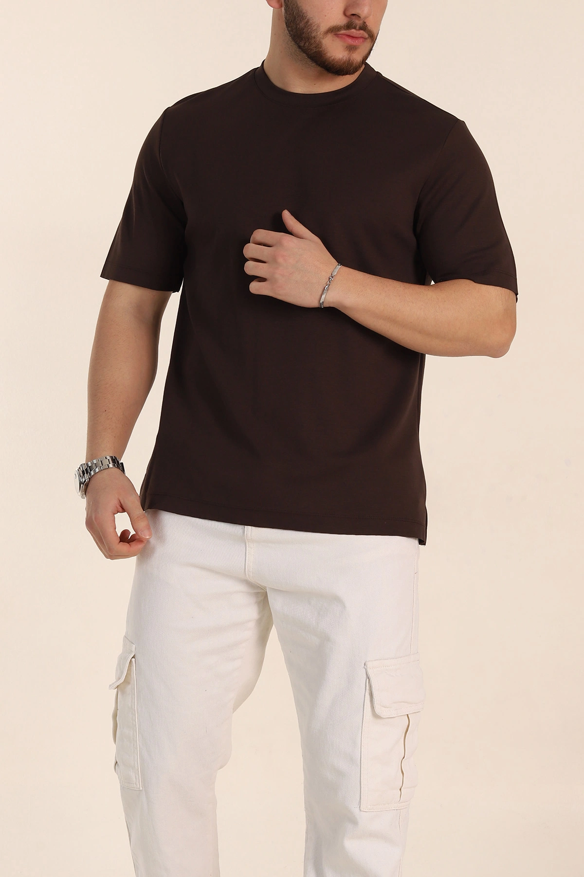 Kahverengi Oversize Oysho Kumaş Yırtmaç Detaylı Basic Erkek Tişört 348125