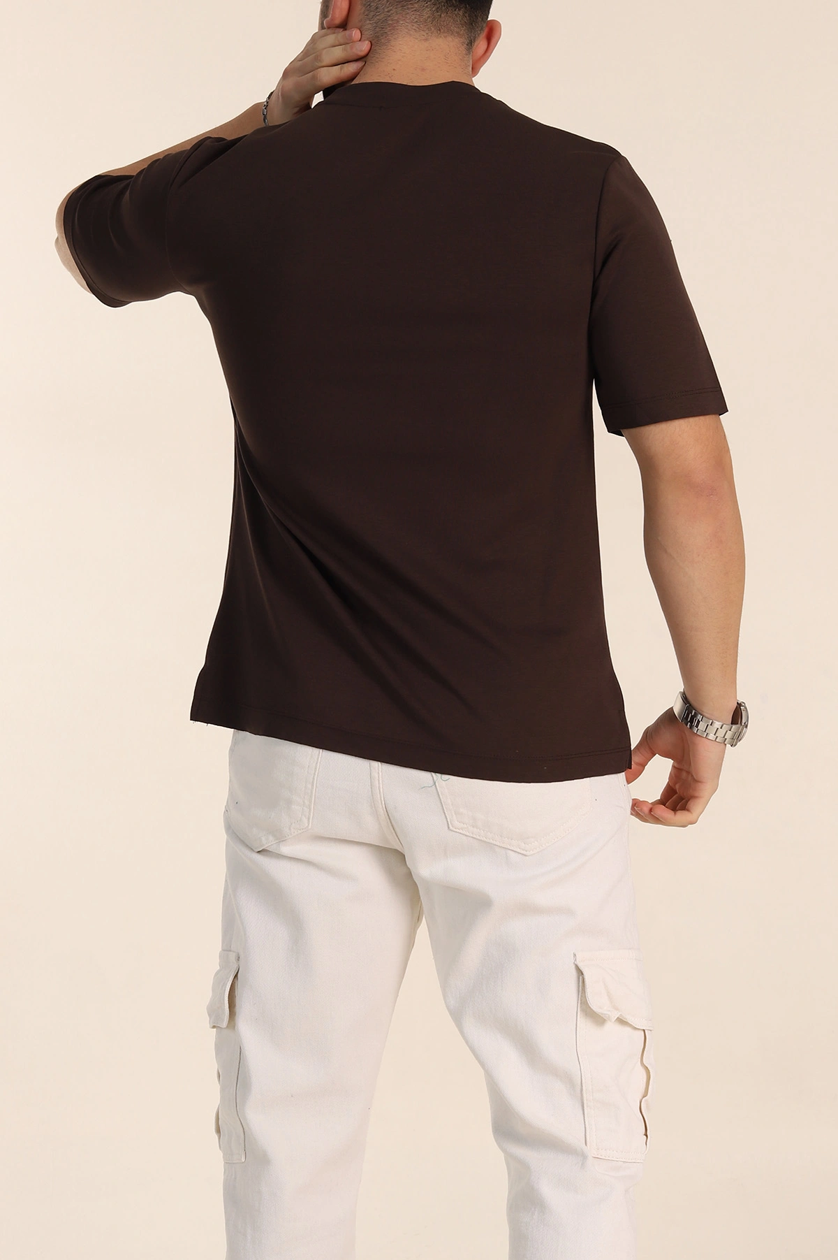 Kahverengi Oversize Oysho Kumaş Yırtmaç Detaylı Basic Erkek Tişört 348125