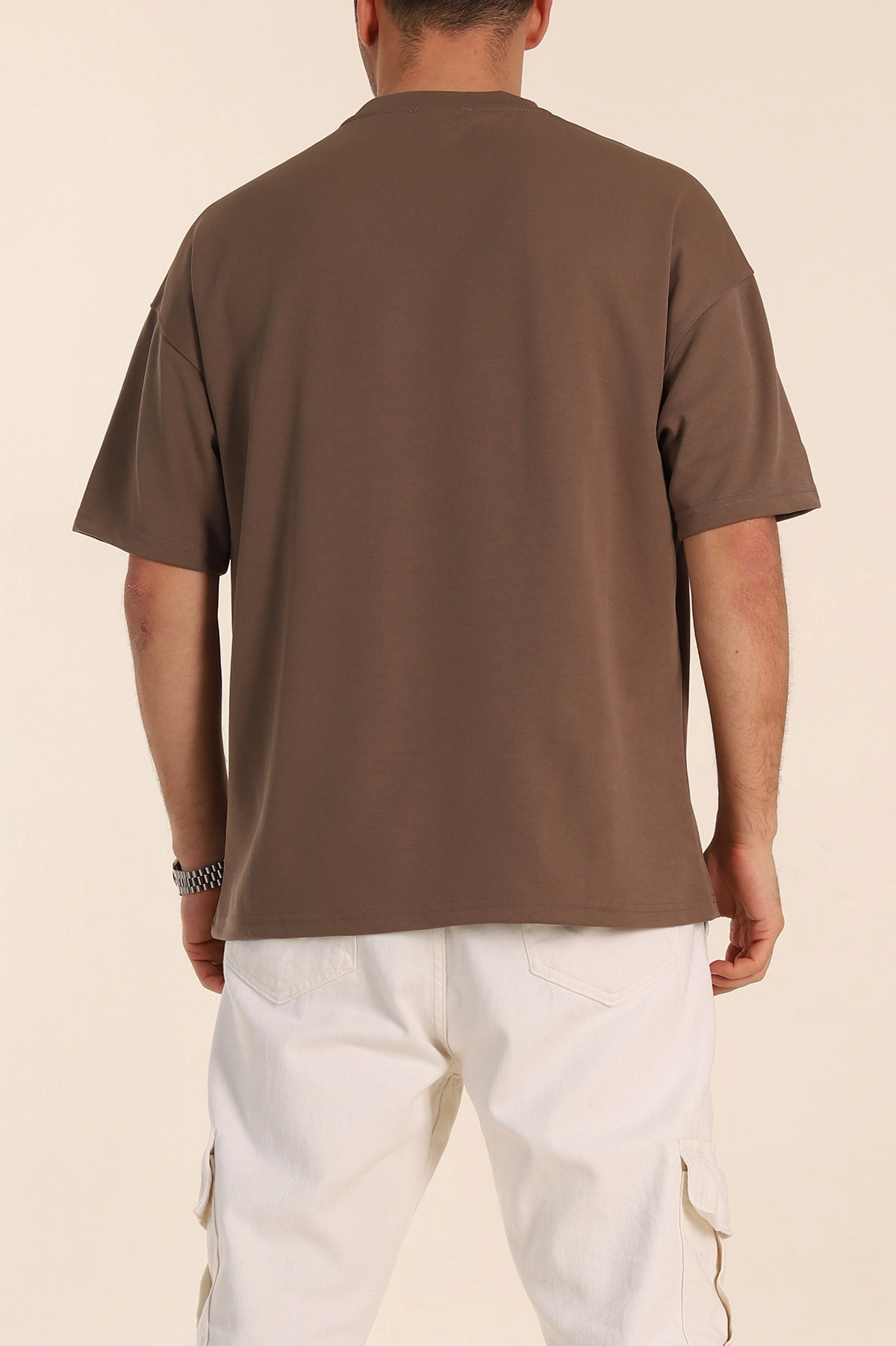 Kahverengi Oversize Parçalı Basic Erkek Tişört 351989