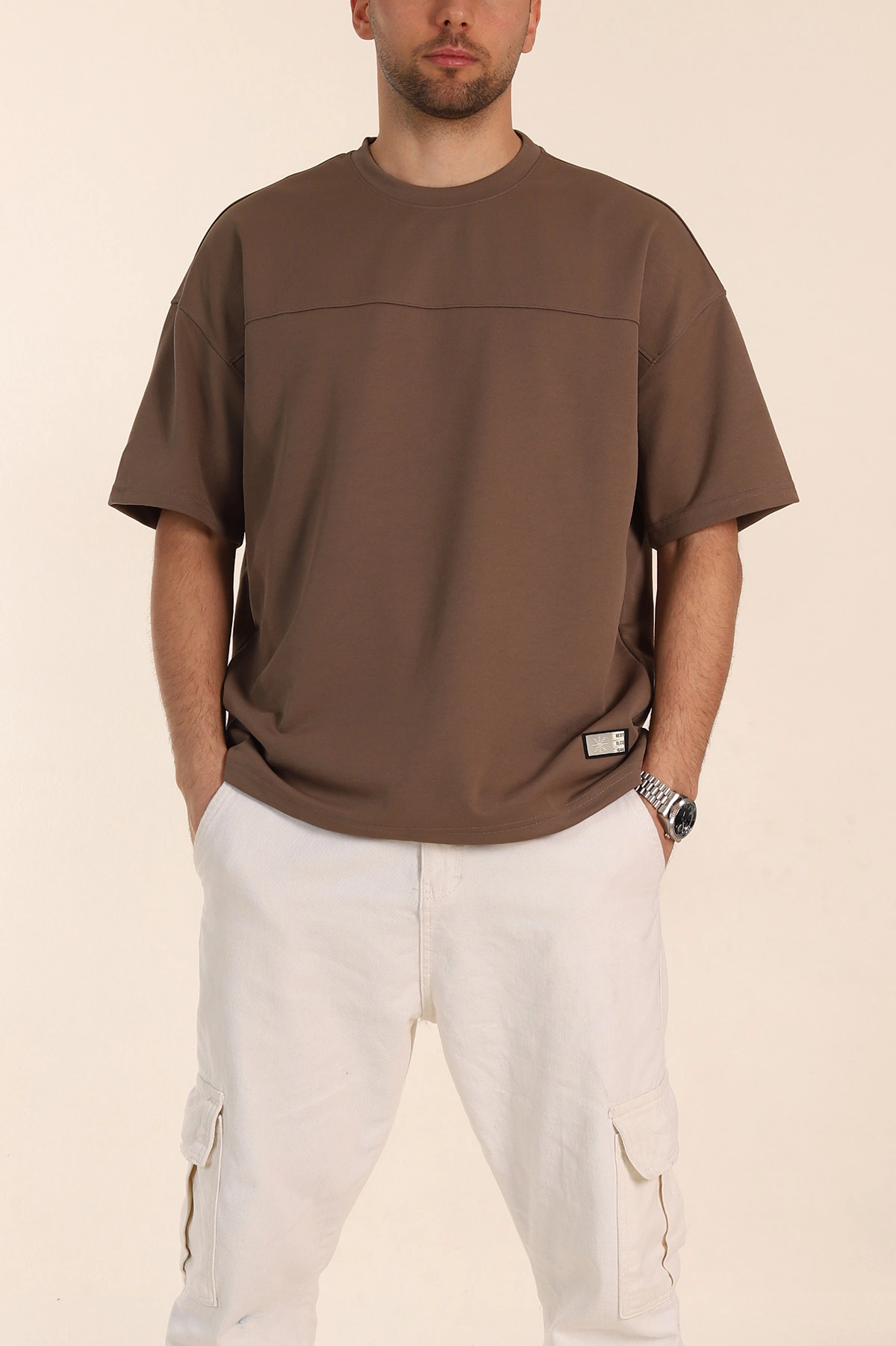 Kahverengi Oversize Parçalı Basic Erkek Tişört 351989