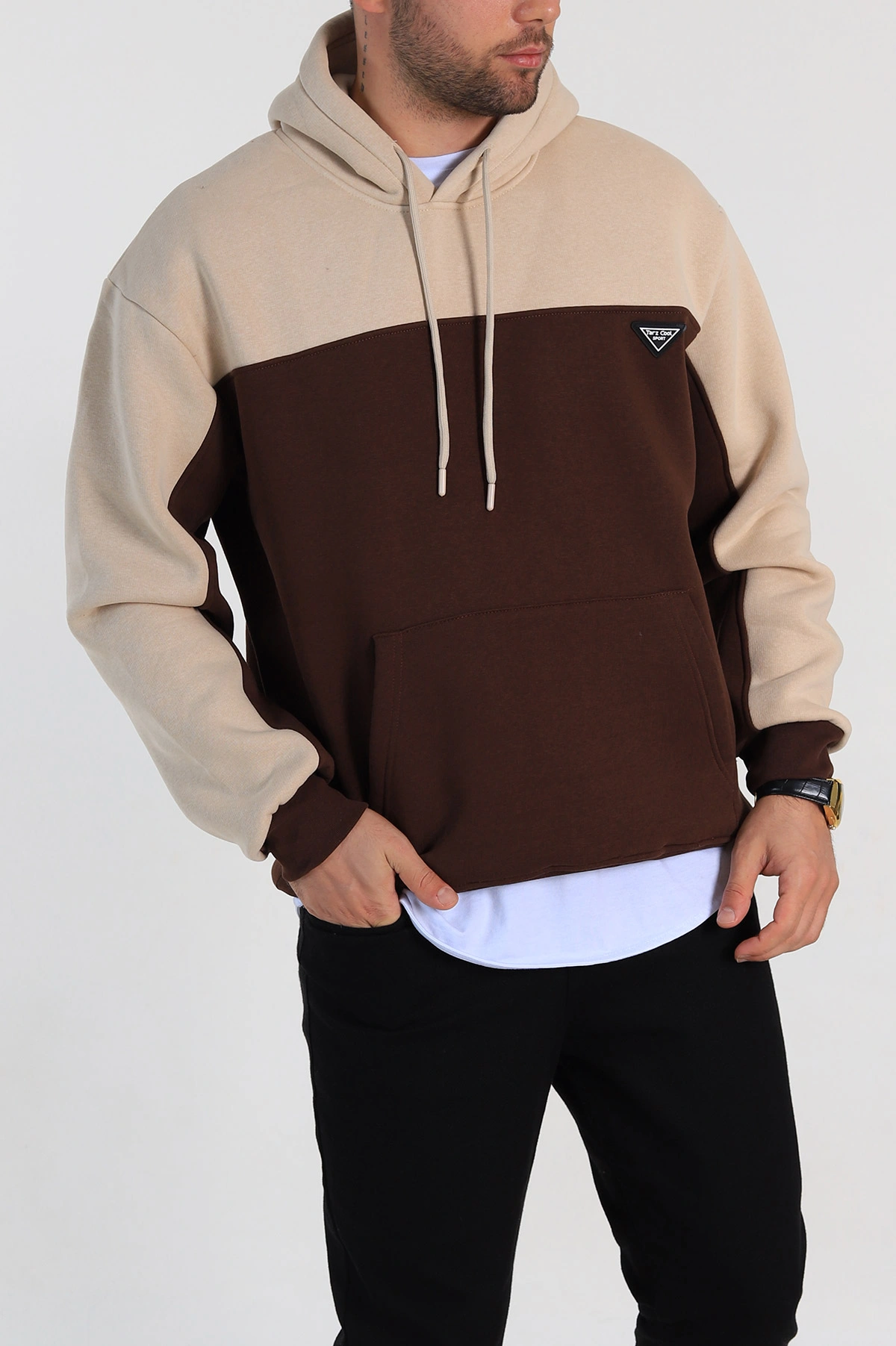 Kahverengi Oversize Parçalı Üç İp Şardonlu Kapüşonlu Erkek Sweatshirt 306476
