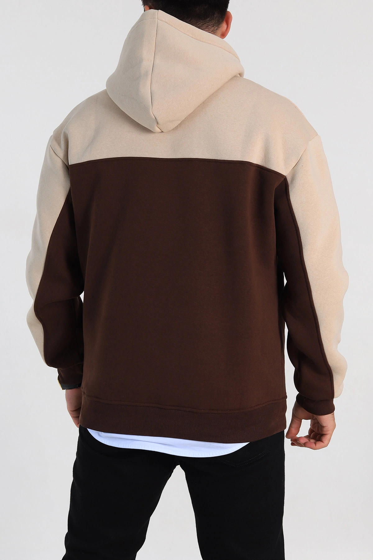 Kahverengi Oversize Parçalı Üç İp Şardonlu Kapüşonlu Erkek Sweatshirt 306476