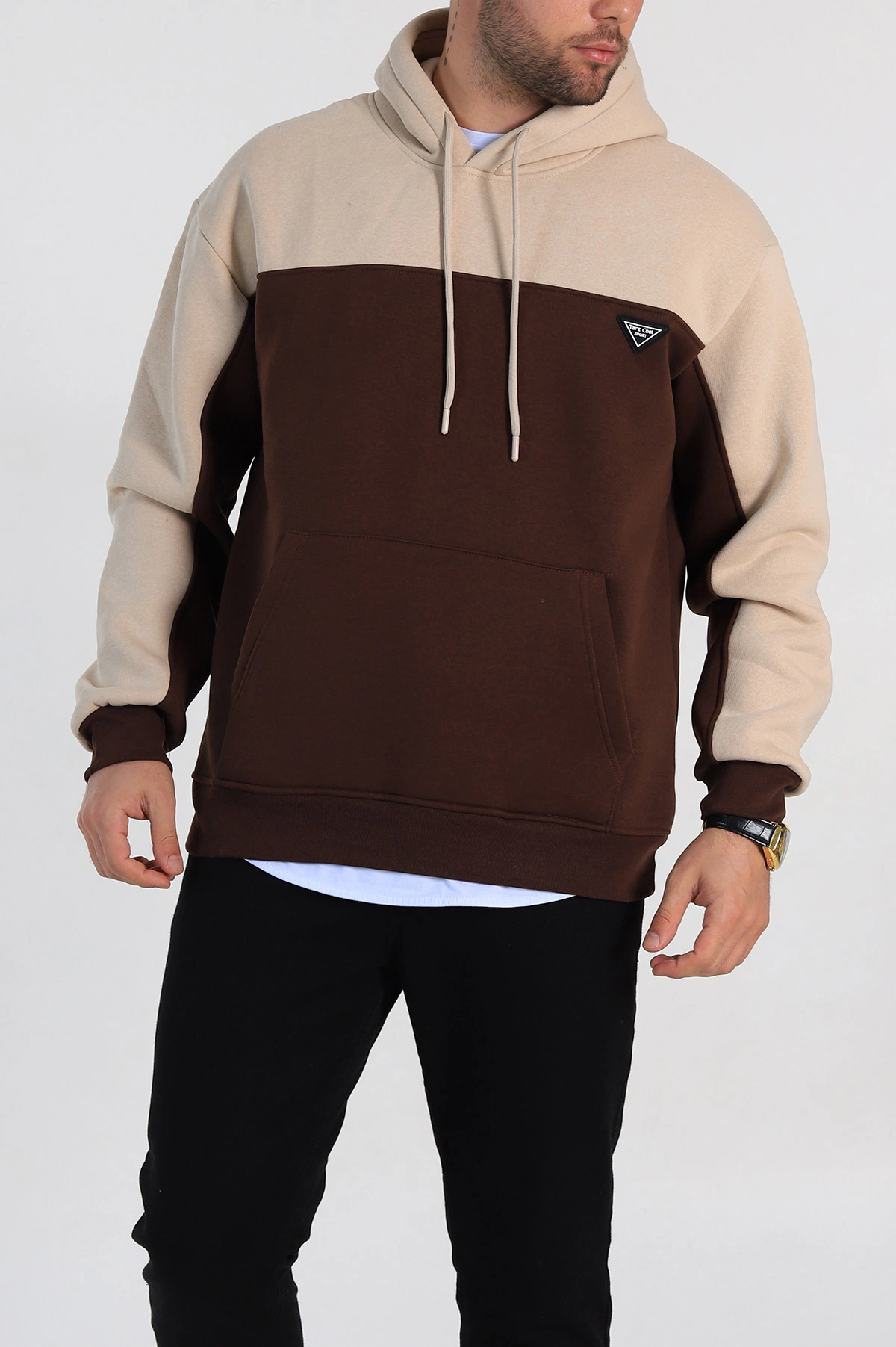 Kahverengi Oversize Parçalı Üç İp Şardonlu Kapüşonlu Erkek Sweatshirt 306476