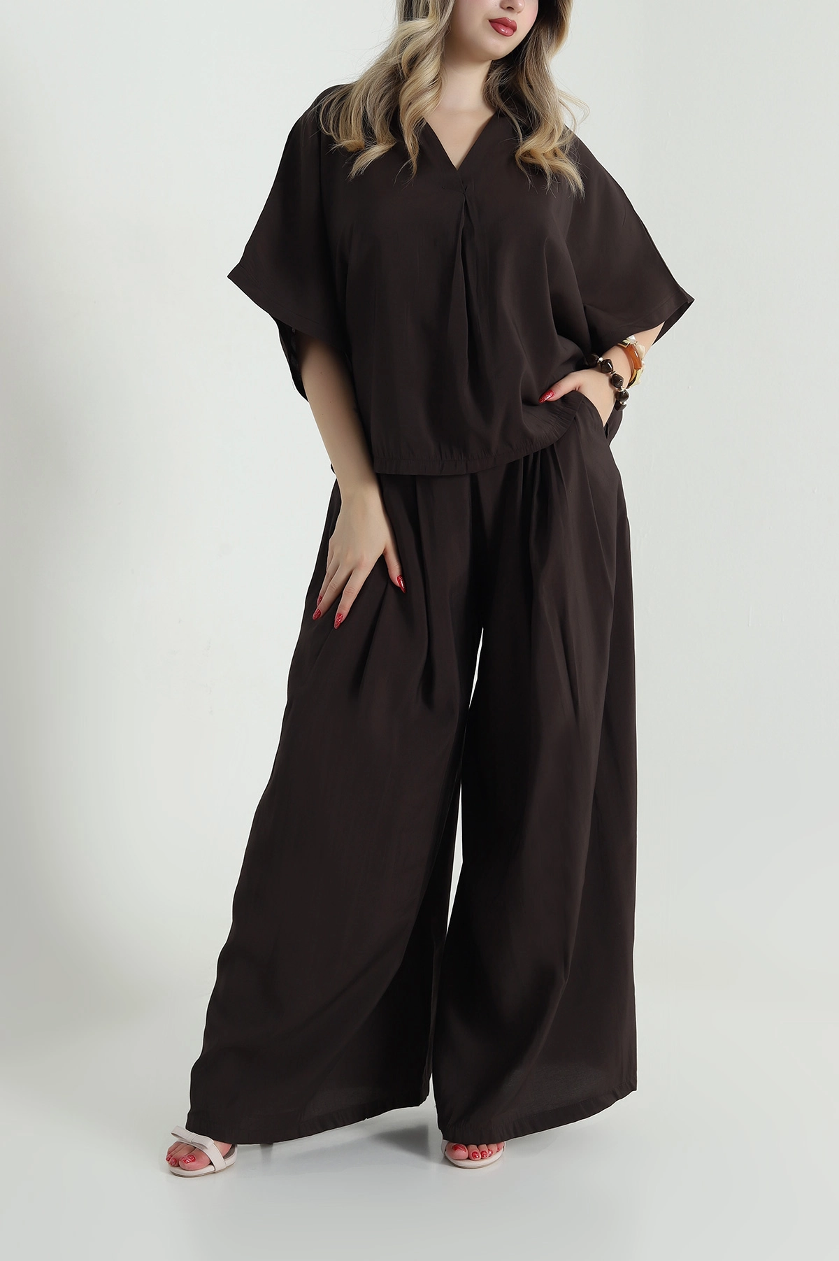 Kahverengi Oversize Tencel Kadın İkili Takım 482164
