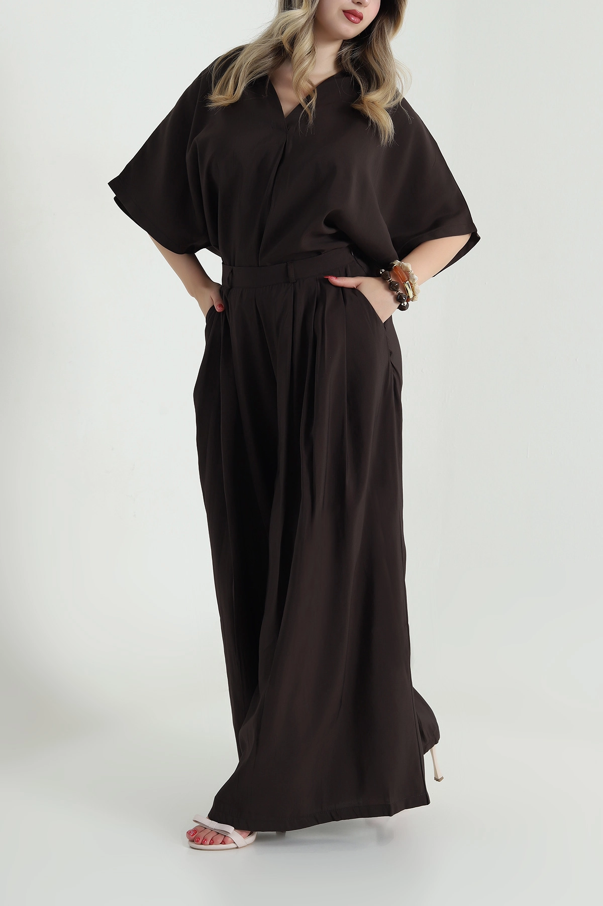 Kahverengi Oversize Tencel Kadın İkili Takım 482164