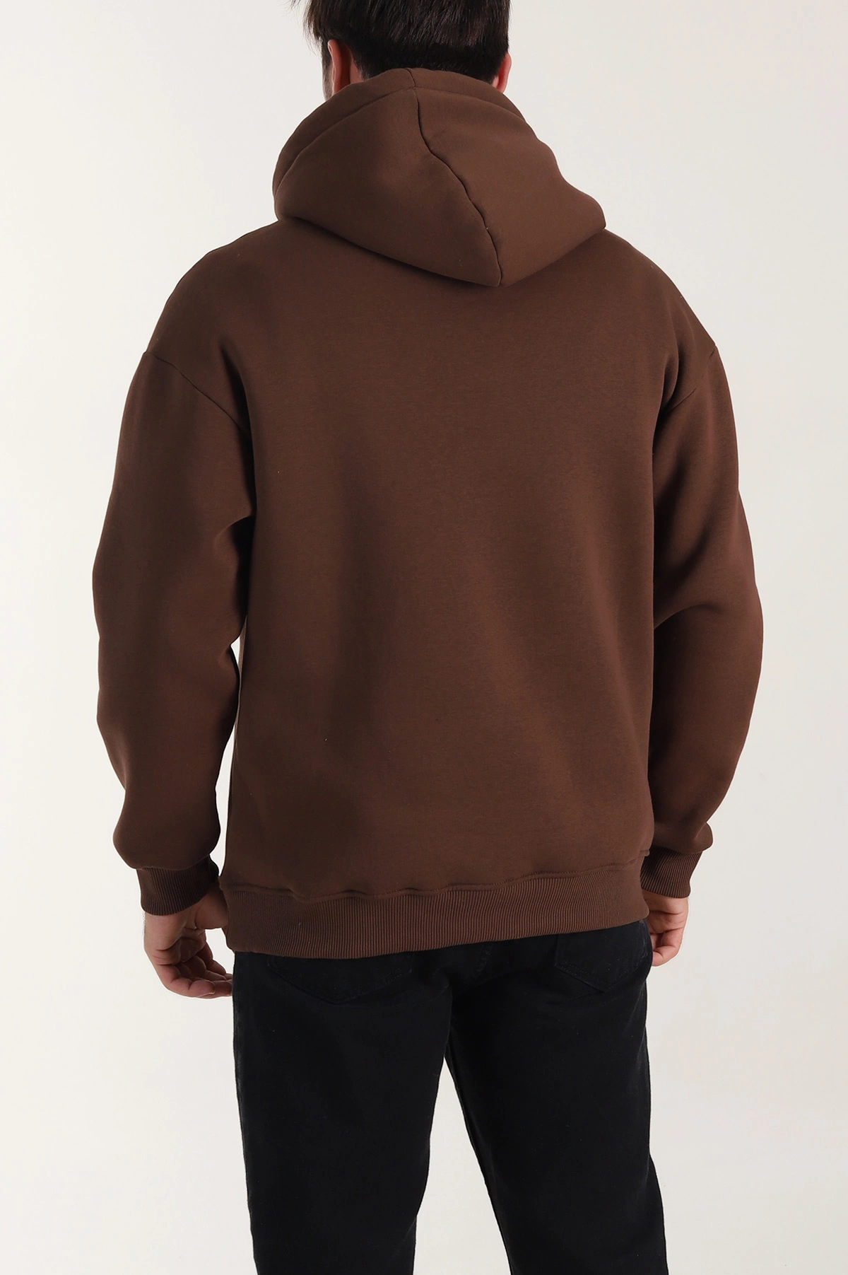 Kahverengi Oversize Üç İp Şardonlu Erkek Basic Kapüşonlu Sweatshirt 409947