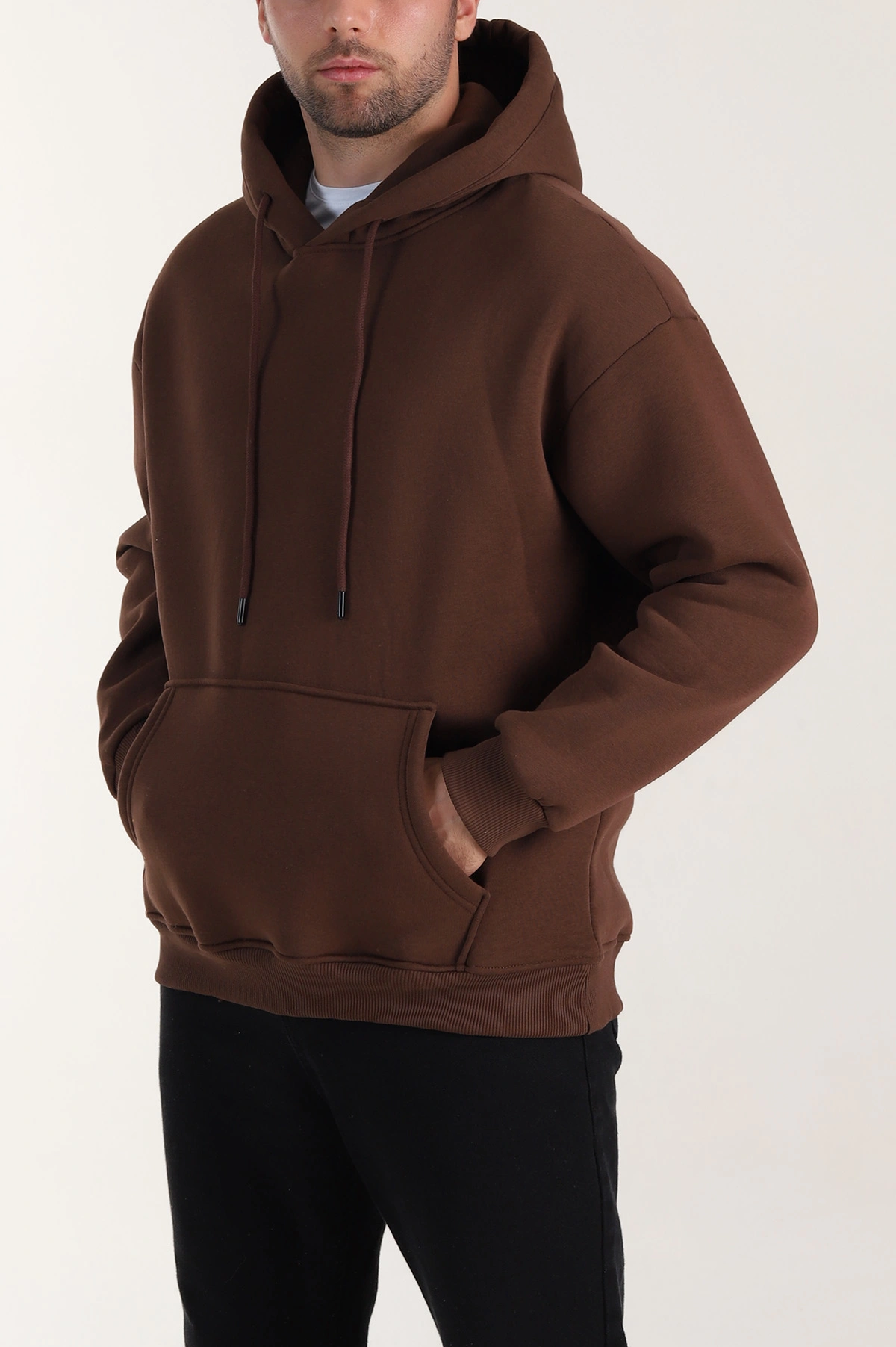 Kahverengi Oversize Üç İp Şardonlu Erkek Basic Kapüşonlu Sweatshirt 409947