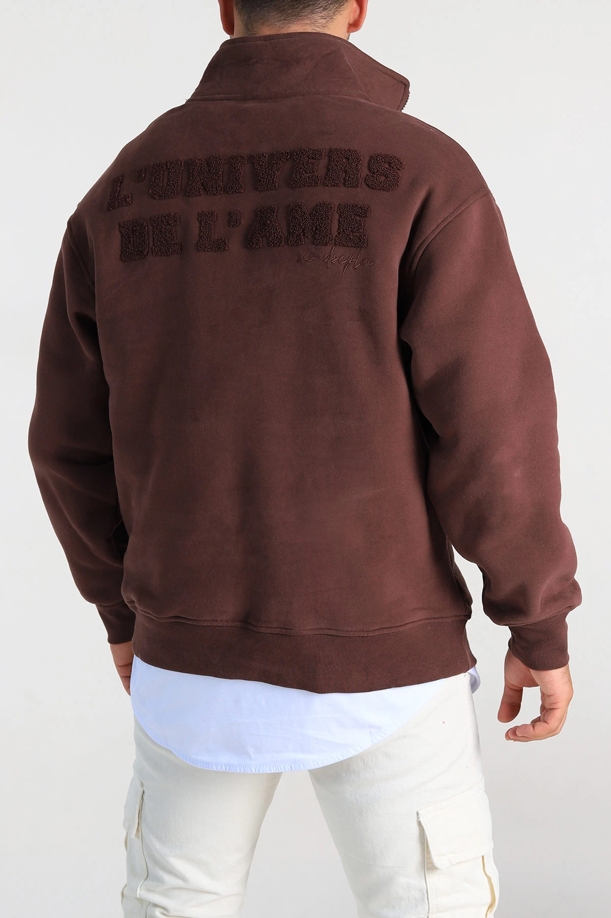 Kahverengi Oversize Üç İp Şardonlu Nakış Yazı Detaylı Yarım Fermuar Erkek Sweatshirt 306938