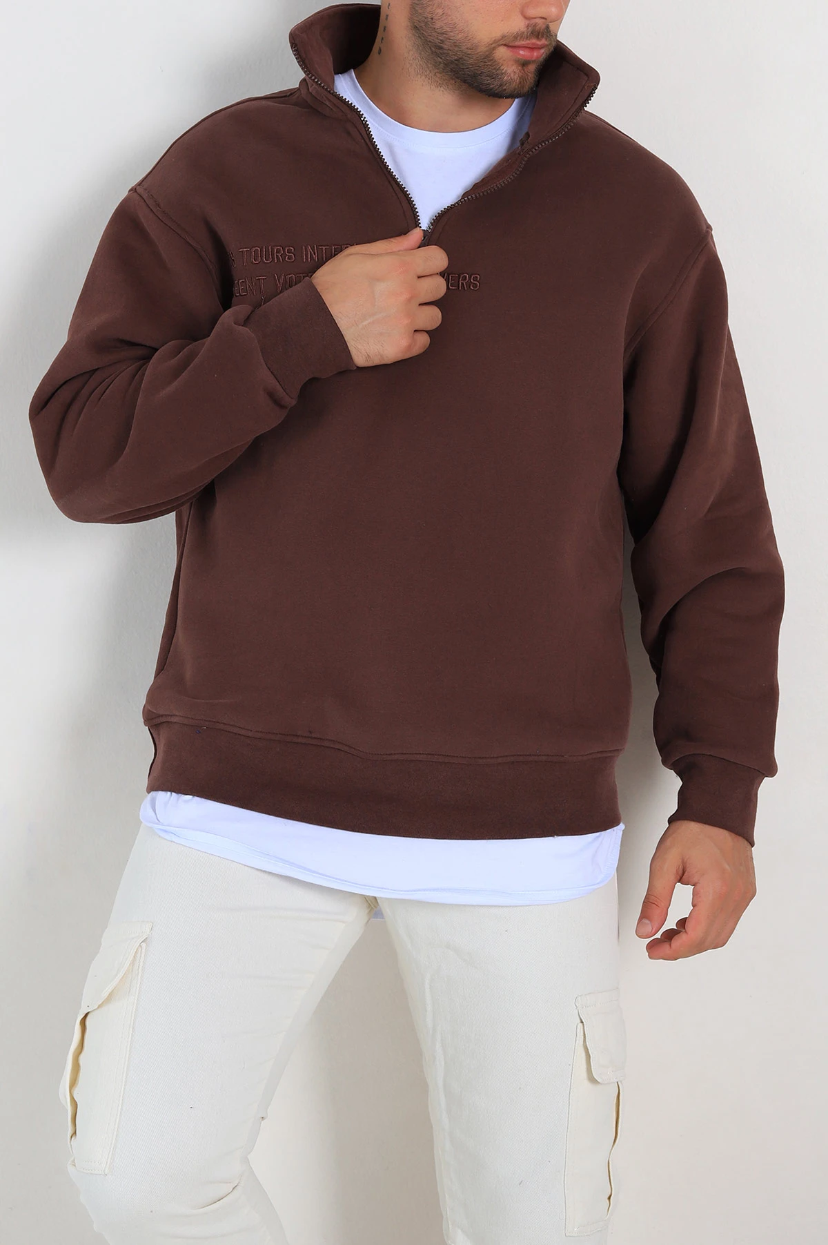 Kahverengi Oversize Üç İp Şardonlu Nakış Yazı Detaylı Yarım Fermuar Erkek Sweatshirt 306938