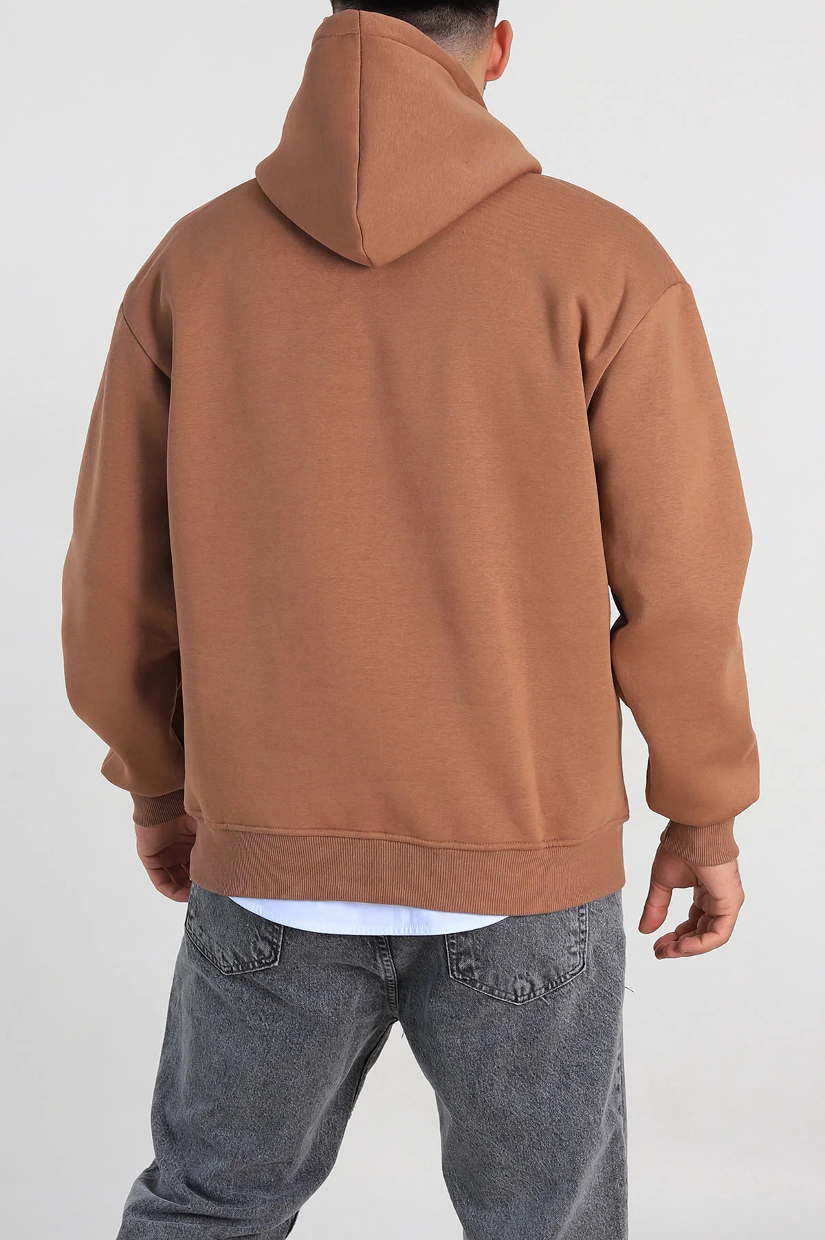 Kahverengi Oversize Üç İp Şardonlu Yazı Detaylı Kapüşonlu Erkek Sweatshirt 310966