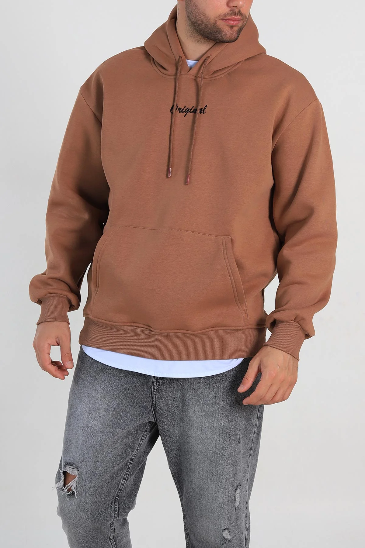 Kahverengi Oversize Üç İp Şardonlu Yazı Detaylı Kapüşonlu Erkek Sweatshirt 310966