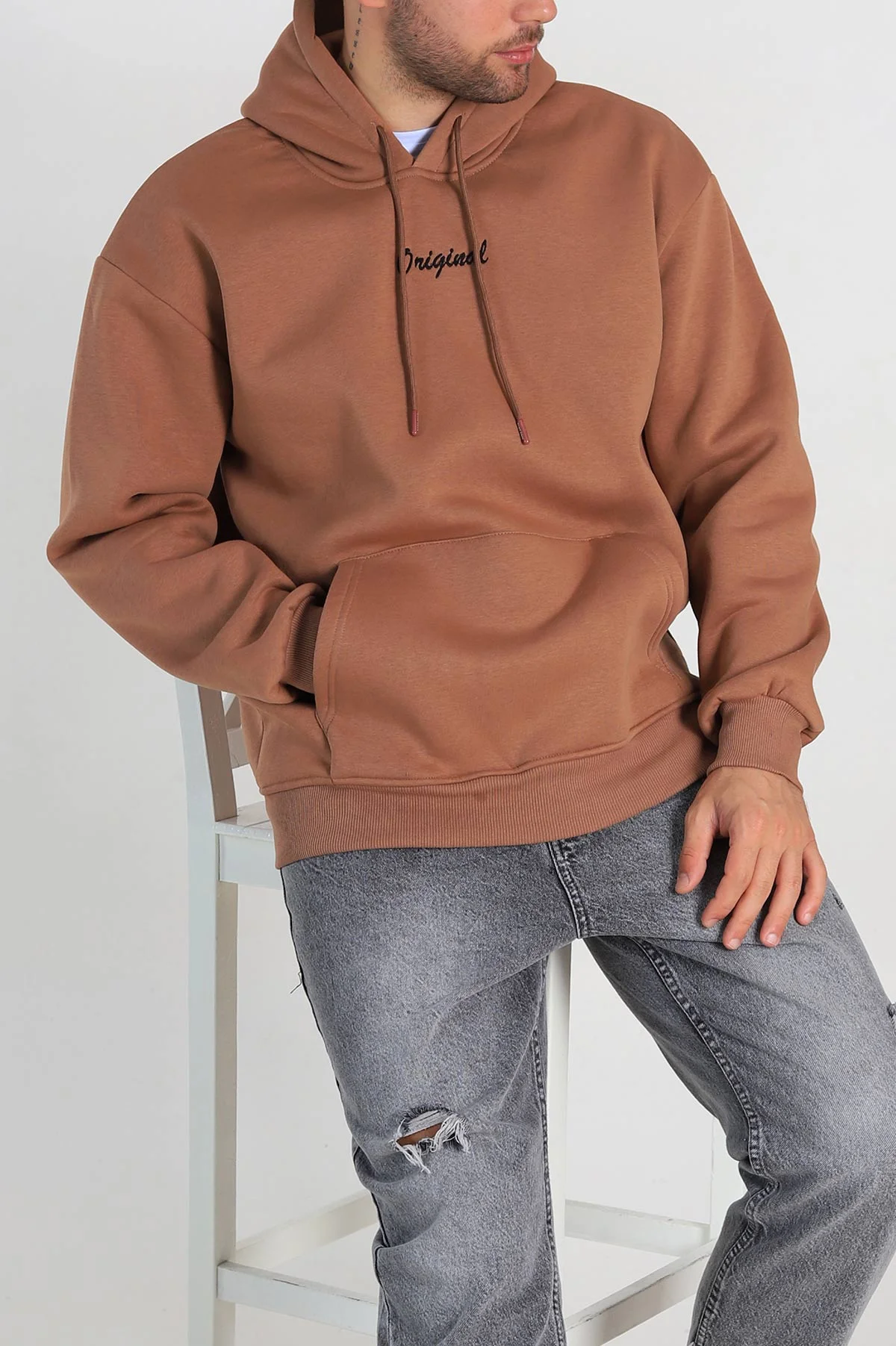 Kahverengi Oversize Üç İp Şardonlu Yazı Detaylı Kapüşonlu Erkek Sweatshirt 310966