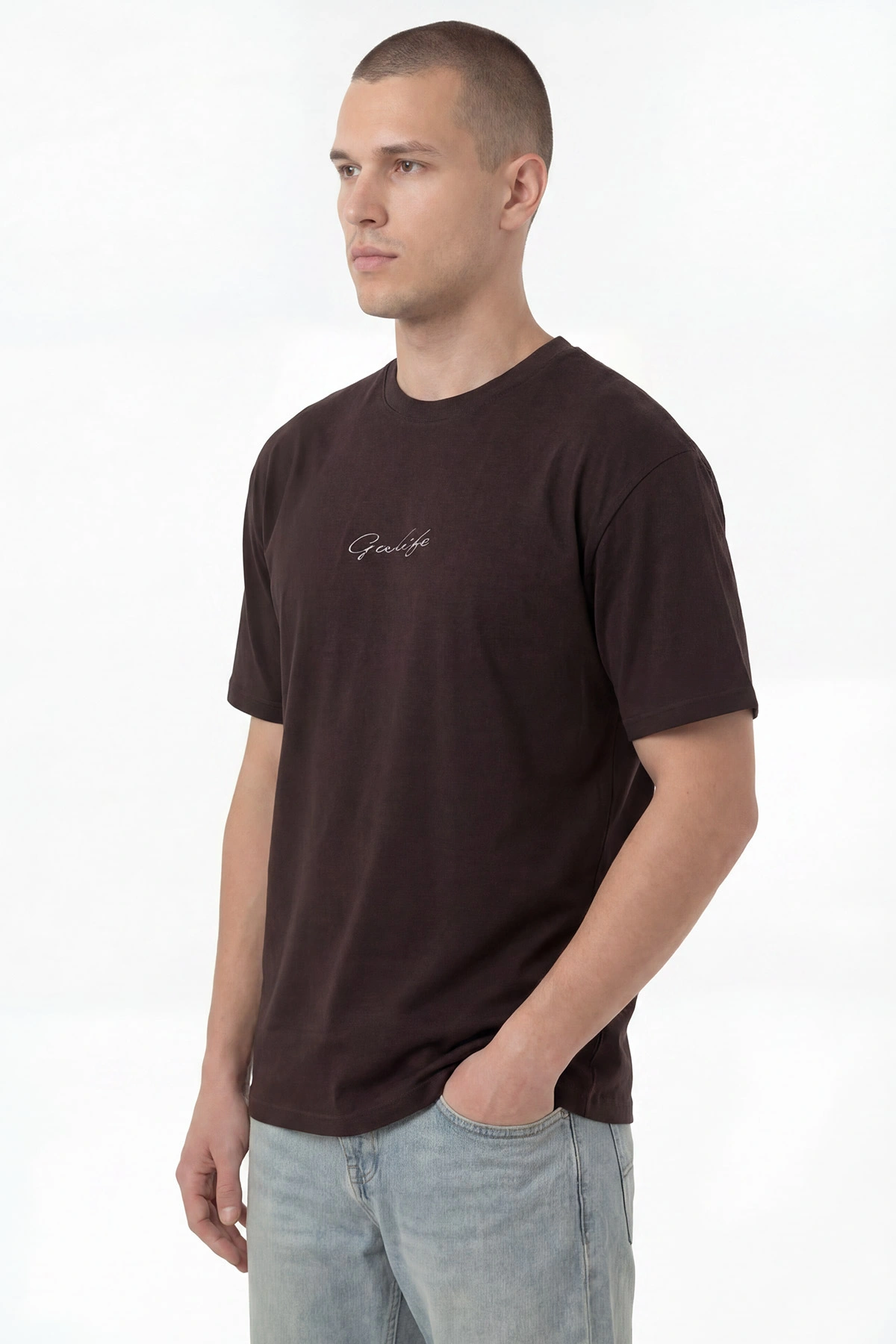 Kahverengi Oversize Bisiklet Yaka Yazı Detaylı Erkek Tişört 454076