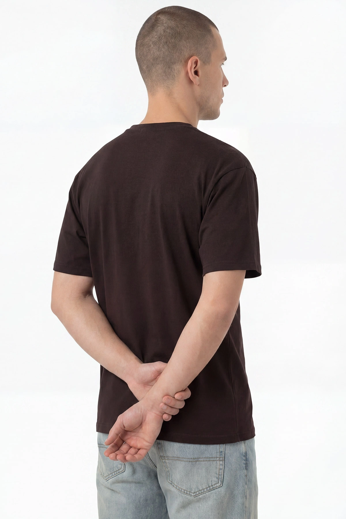 Kahverengi Oversize Bisiklet Yaka Yazı Detaylı Erkek Tişört 454076