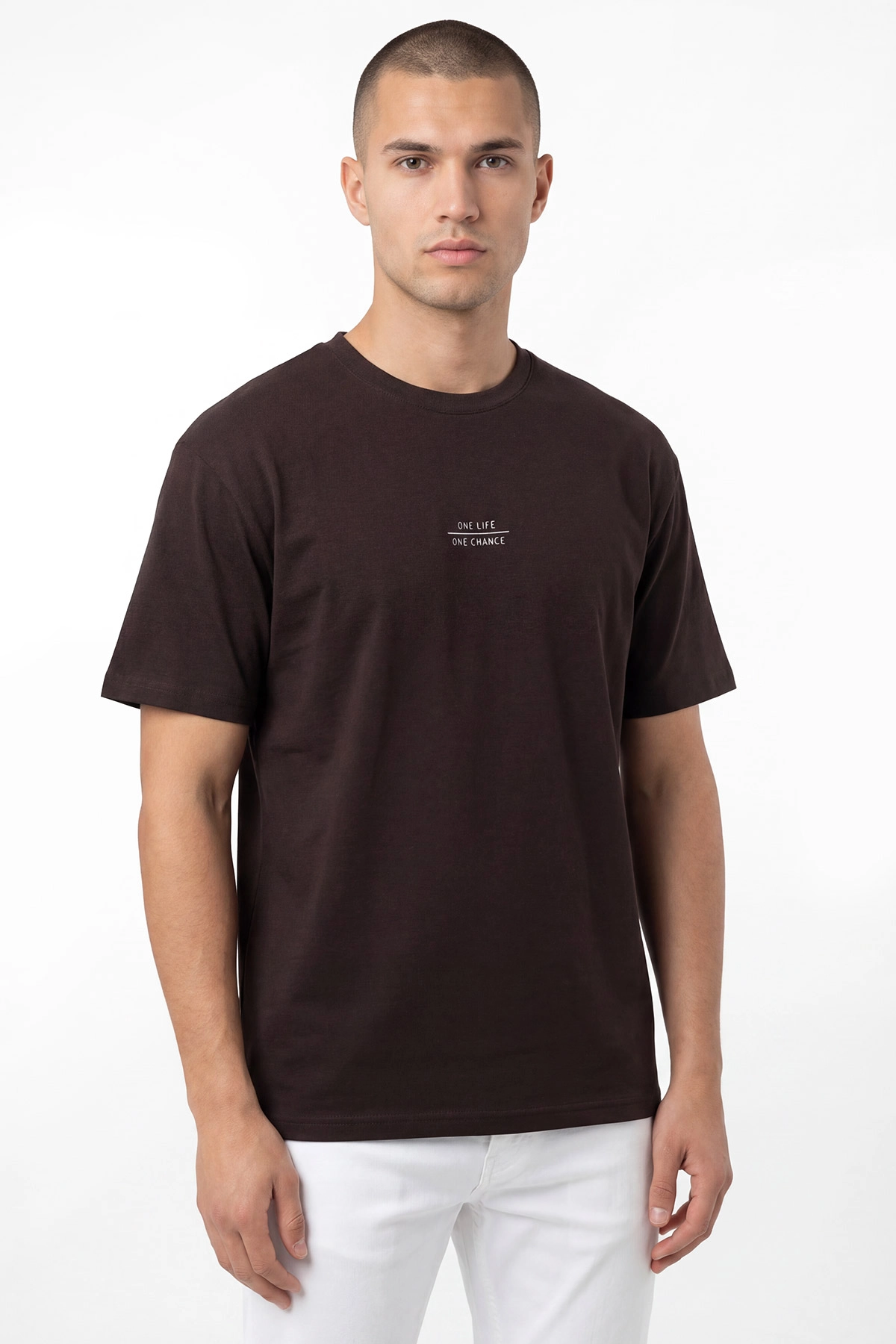 Kahverengi Oversize Bisiklet Yaka Yazı Detaylı Erkek Tişört 454079