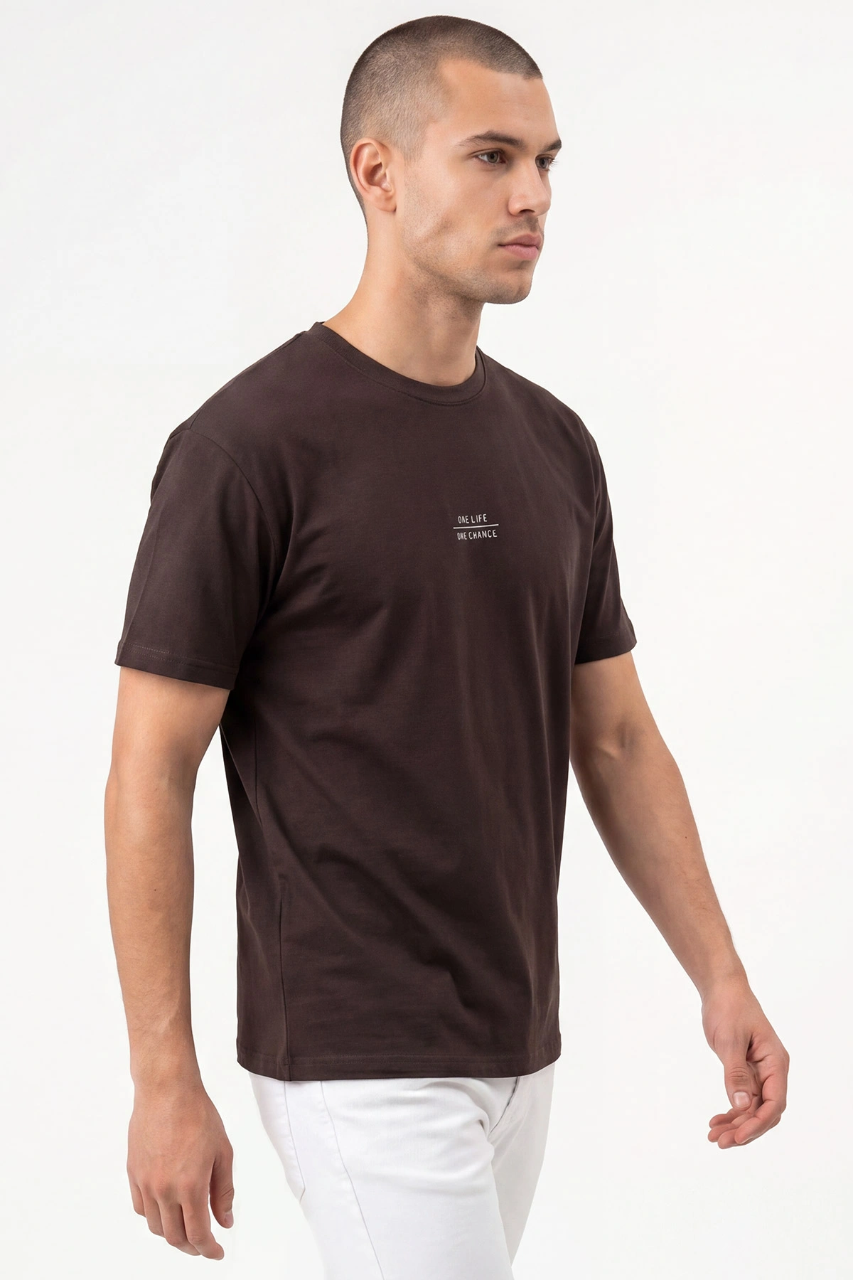 Kahverengi Oversize Bisiklet Yaka Yazı Detaylı Erkek Tişört 454079