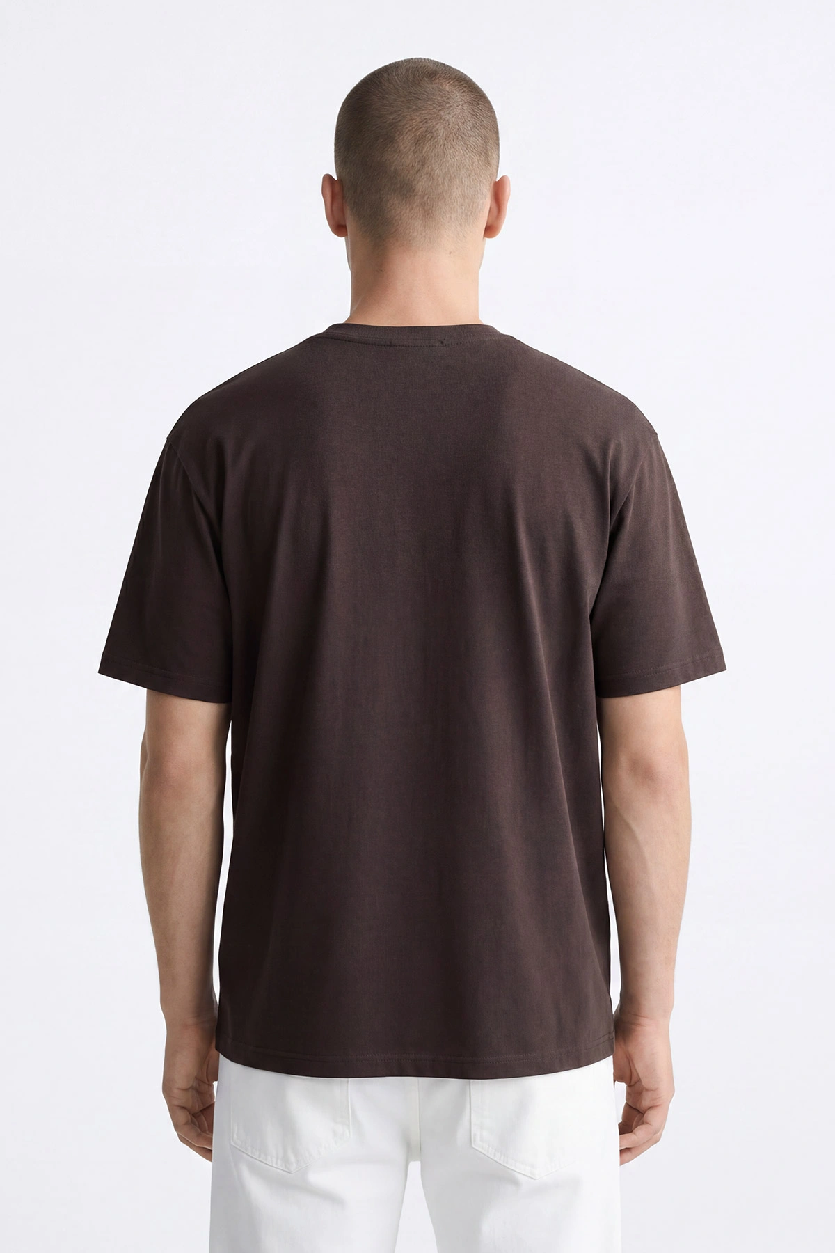 Kahverengi Oversize Bisiklet Yaka Yazı Detaylı Erkek Tişört 454079