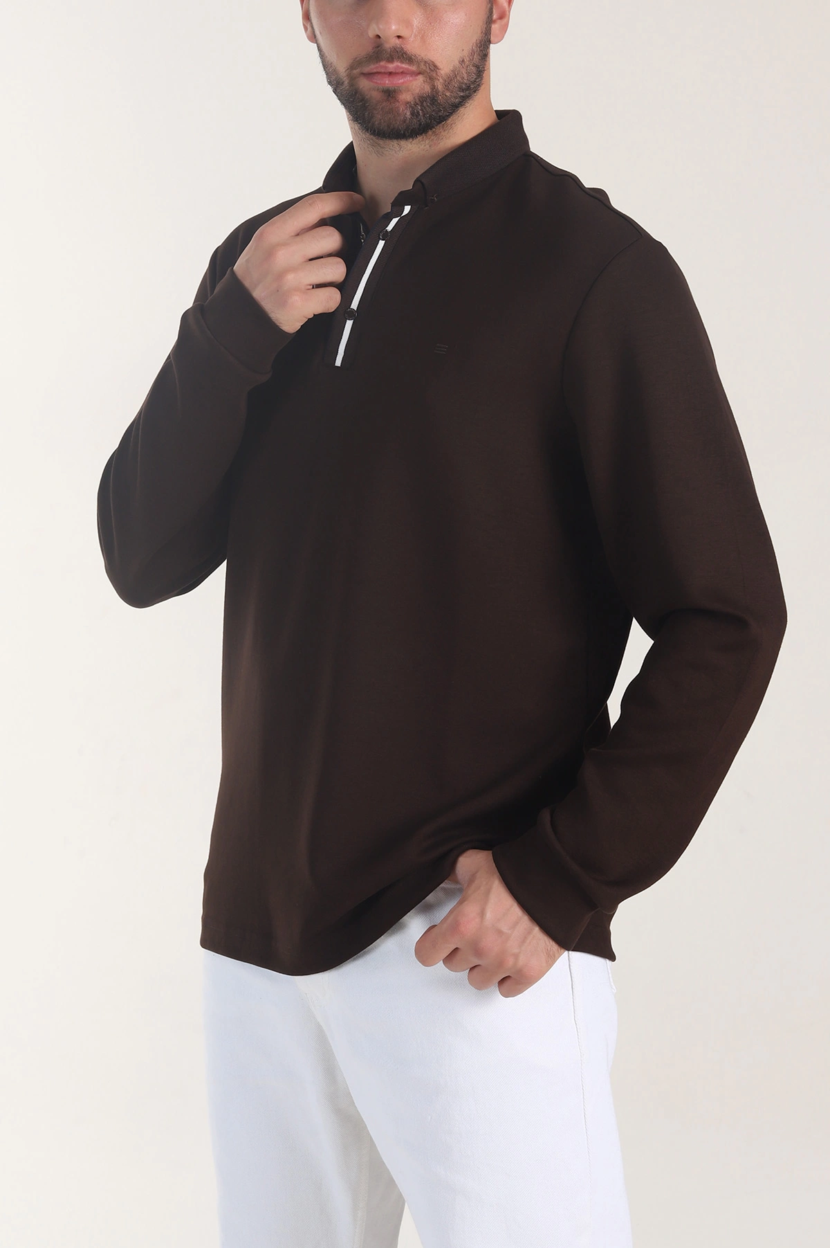 Kahverengi Oysho Kumaş Düğmeli Polo Yaka Erkek Sweatshirt 406024