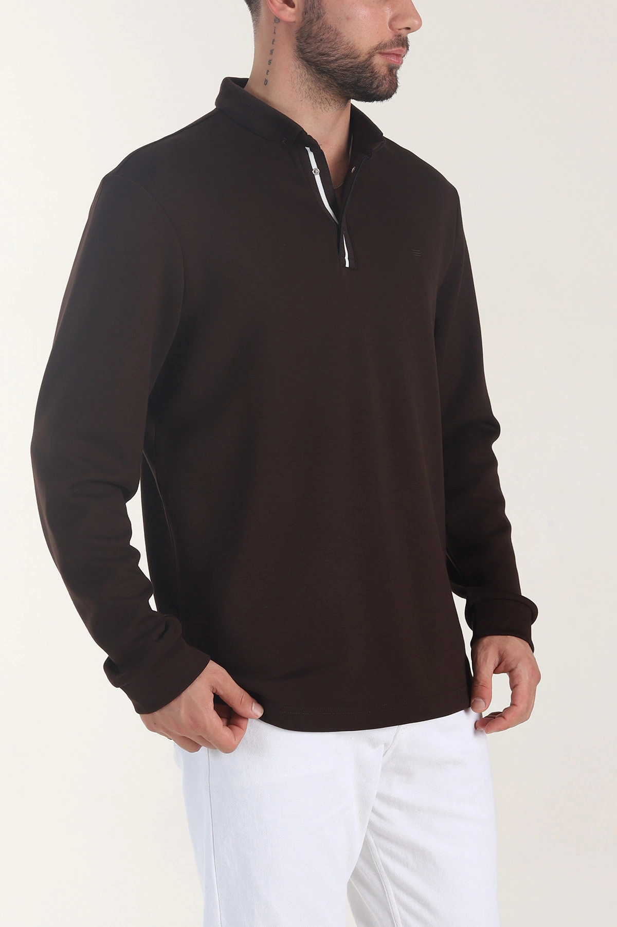 Kahverengi Oysho Kumaş Düğmeli Polo Yaka Erkek Sweatshirt 406024