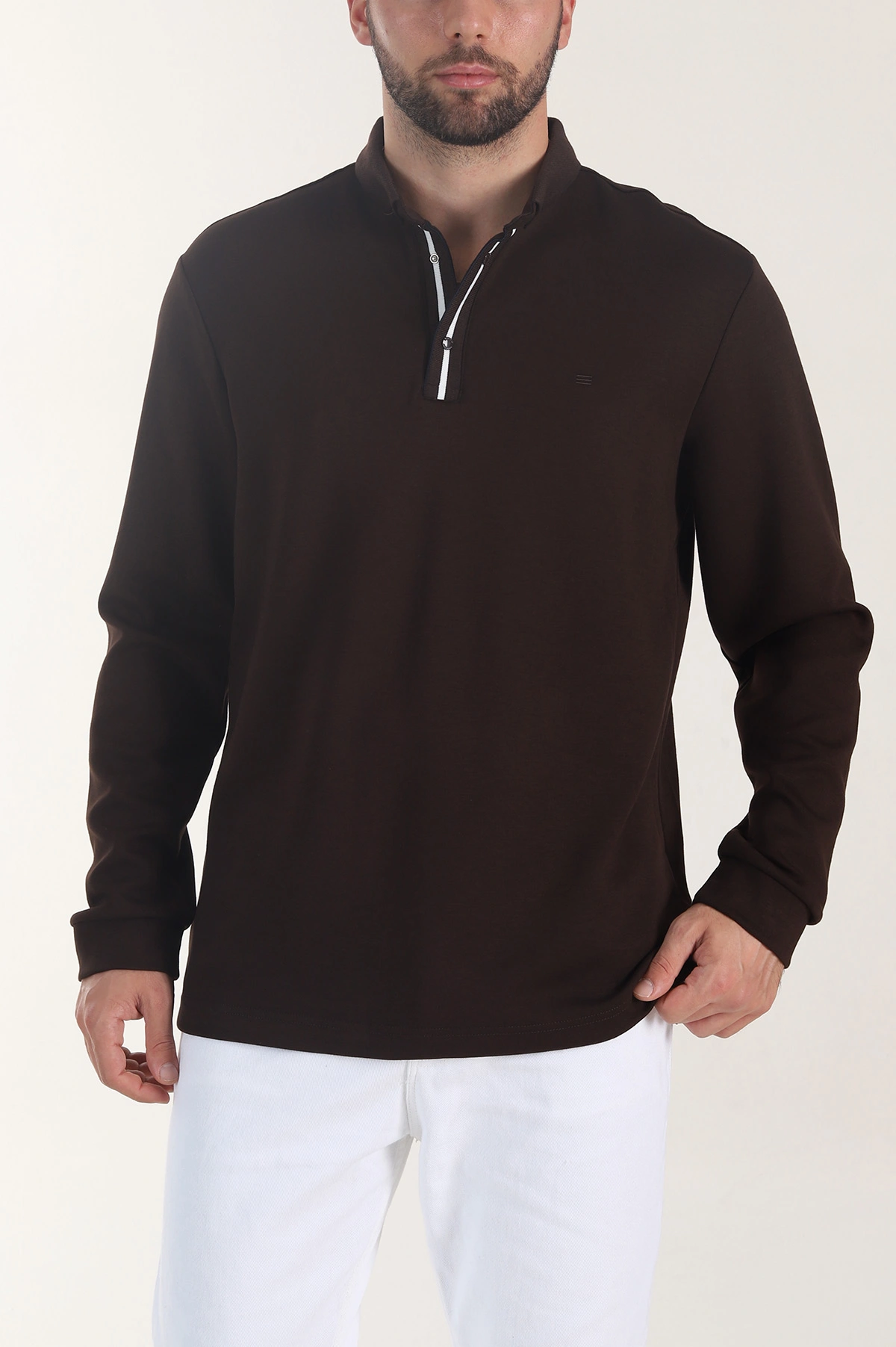Kahverengi Oysho Kumaş Düğmeli Polo Yaka Erkek Sweatshirt 406024