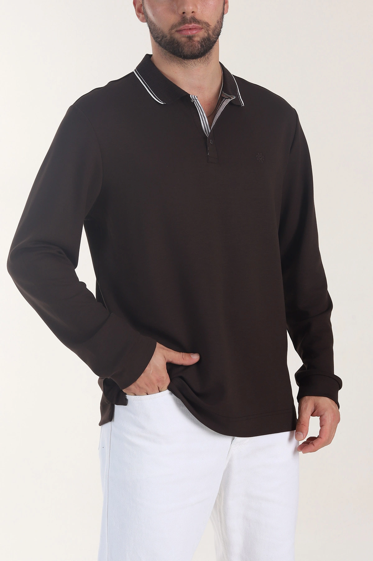 Kahverengi Oysho Kumaş Polo Yaka Çıt Çıtlı Erkek Sweatshirt 406050