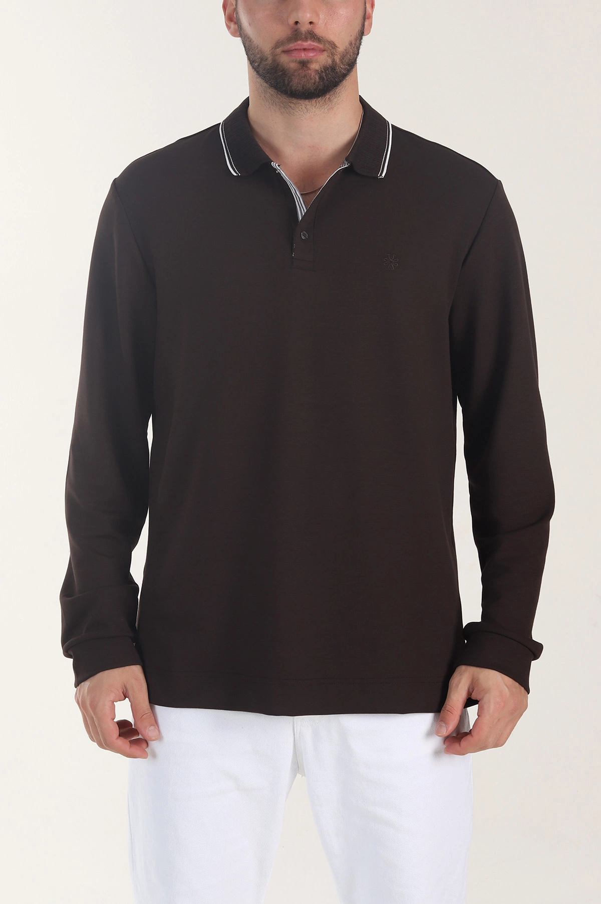 Kahverengi Oysho Kumaş Polo Yaka Çıt Çıtlı Erkek Sweatshirt 406050