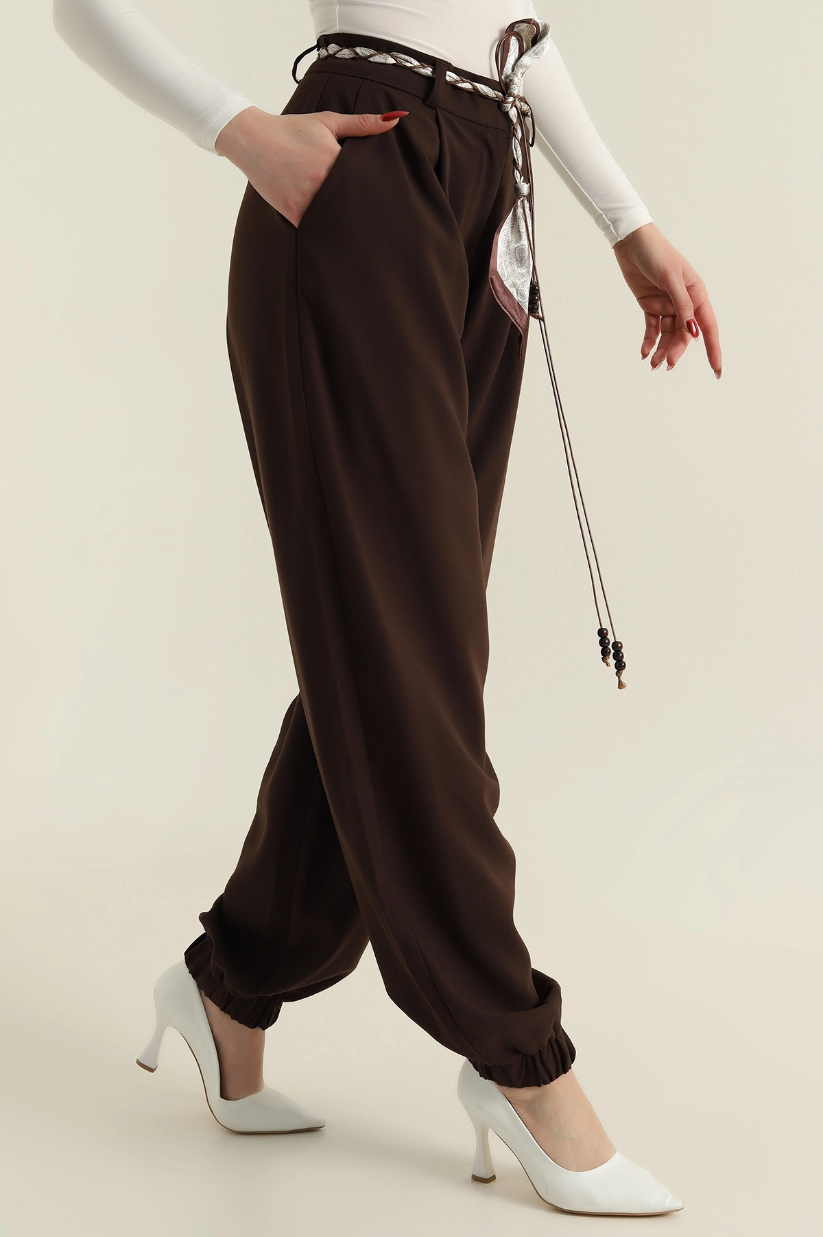 Kahverengi Paça Lastikli Poliviskon Kadın Baggy Pantolon 425501