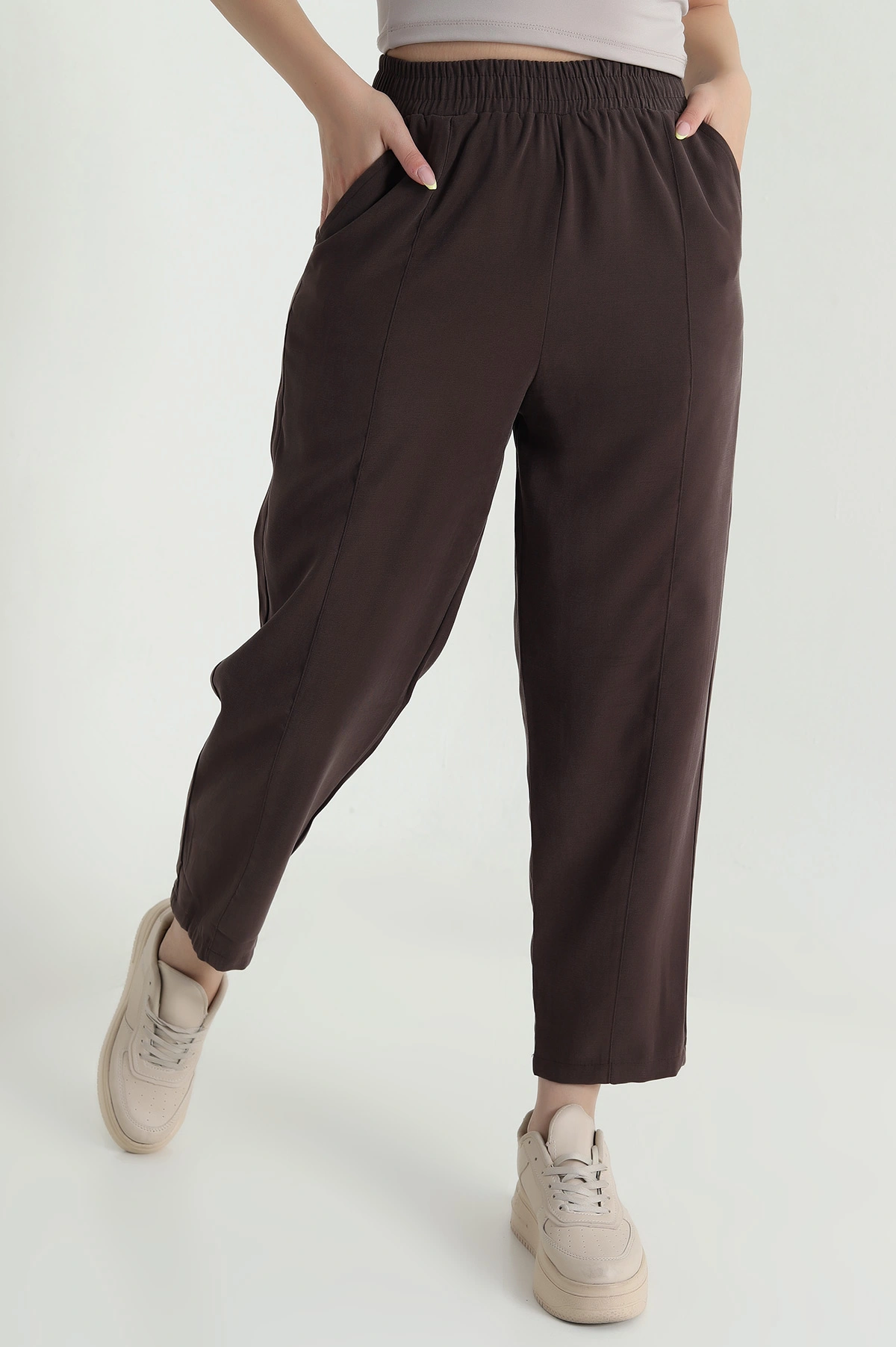 Kahverengi Palazzo Keten Dokuma Kadın Pantolon 469371