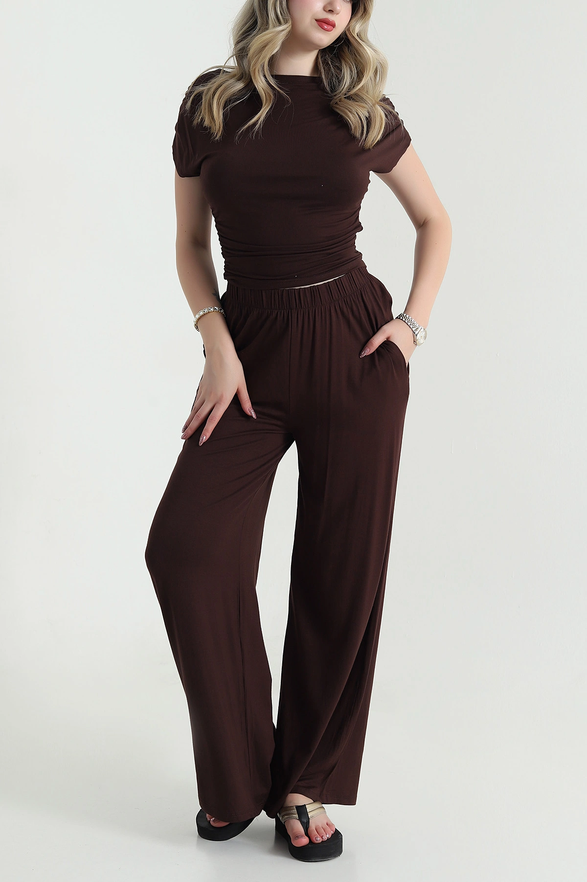 Kahverengi Pantolon Bluz Kadın İkili Takım 478562