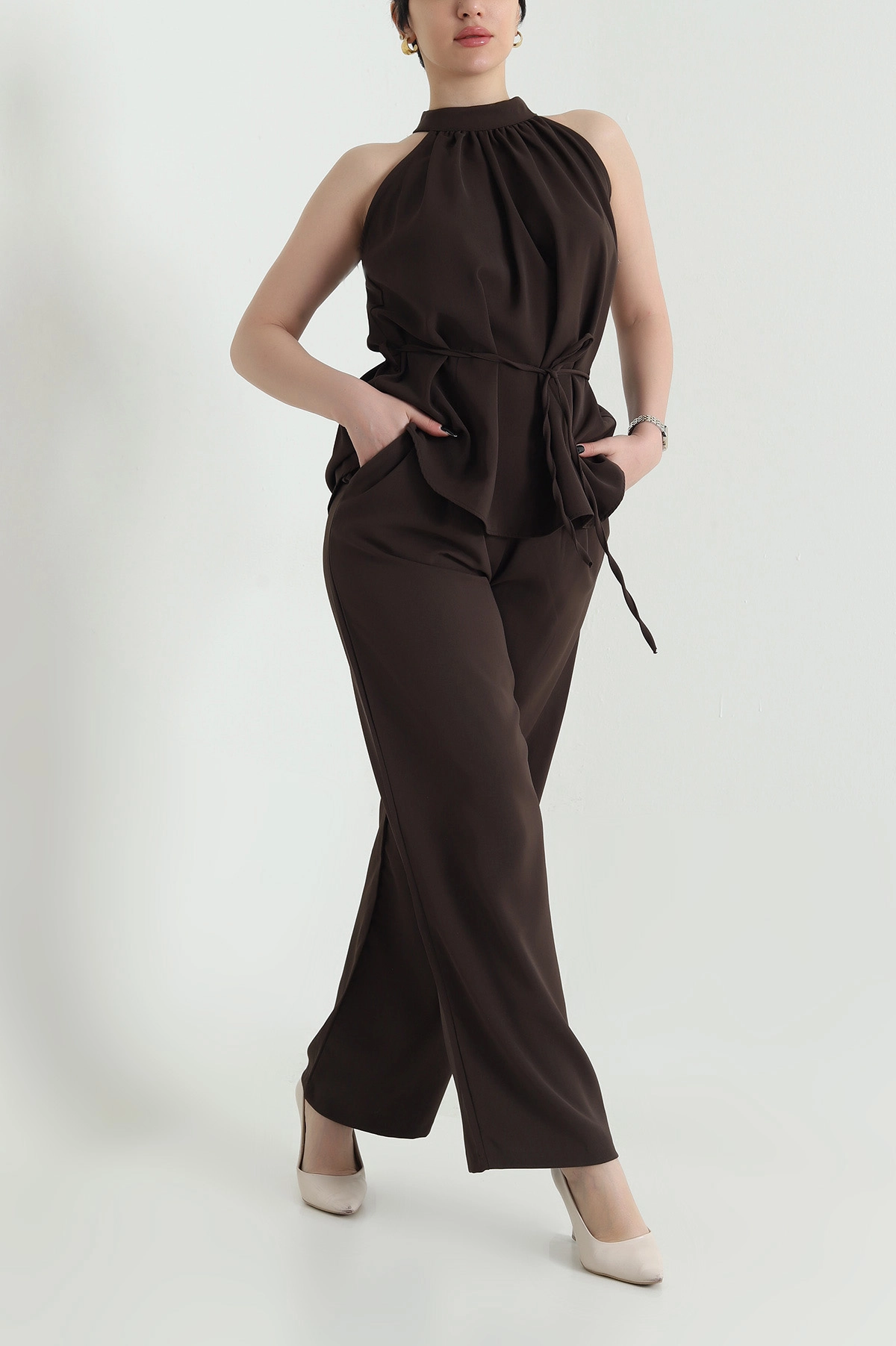 Kahverengi Pantolon Bluz Kadın Linda İkili Takım 452910