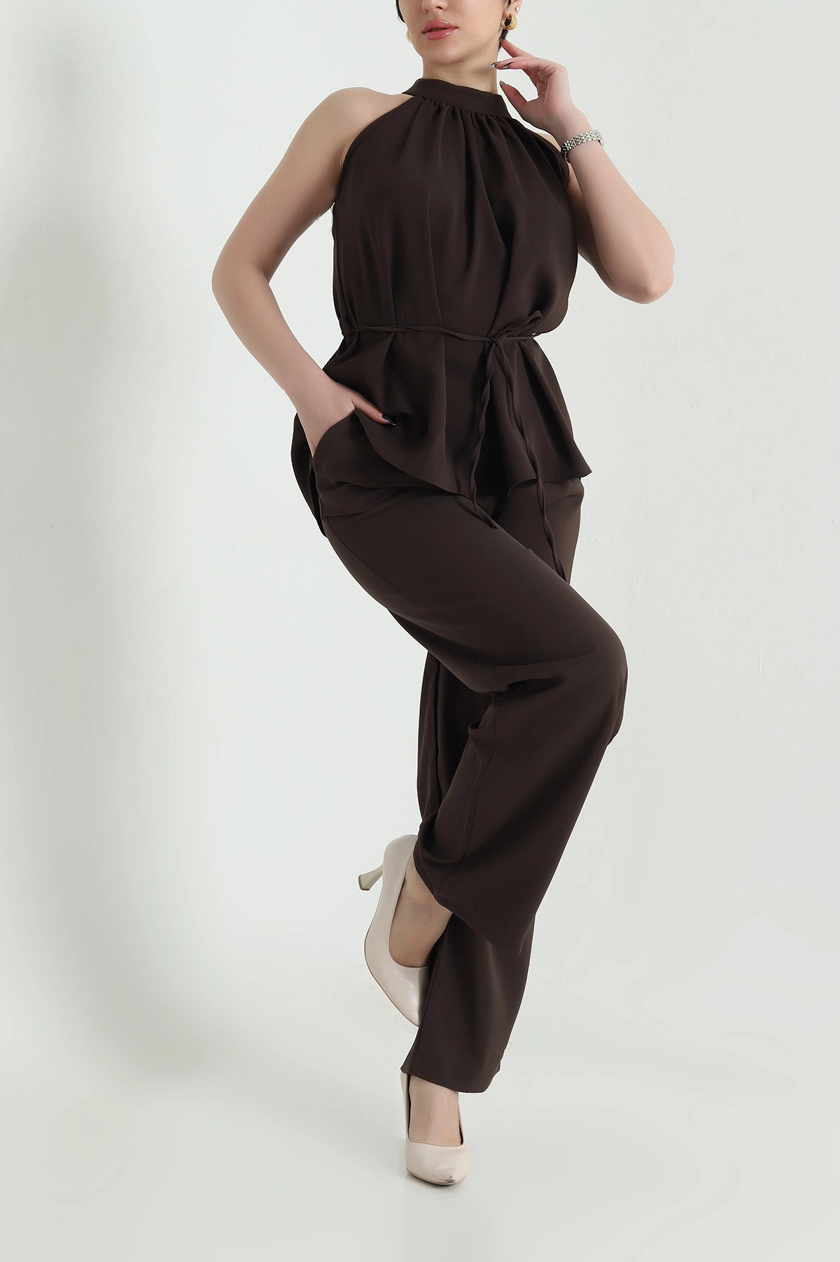 Kahverengi Pantolon Bluz Kadın Linda İkili Takım 452910