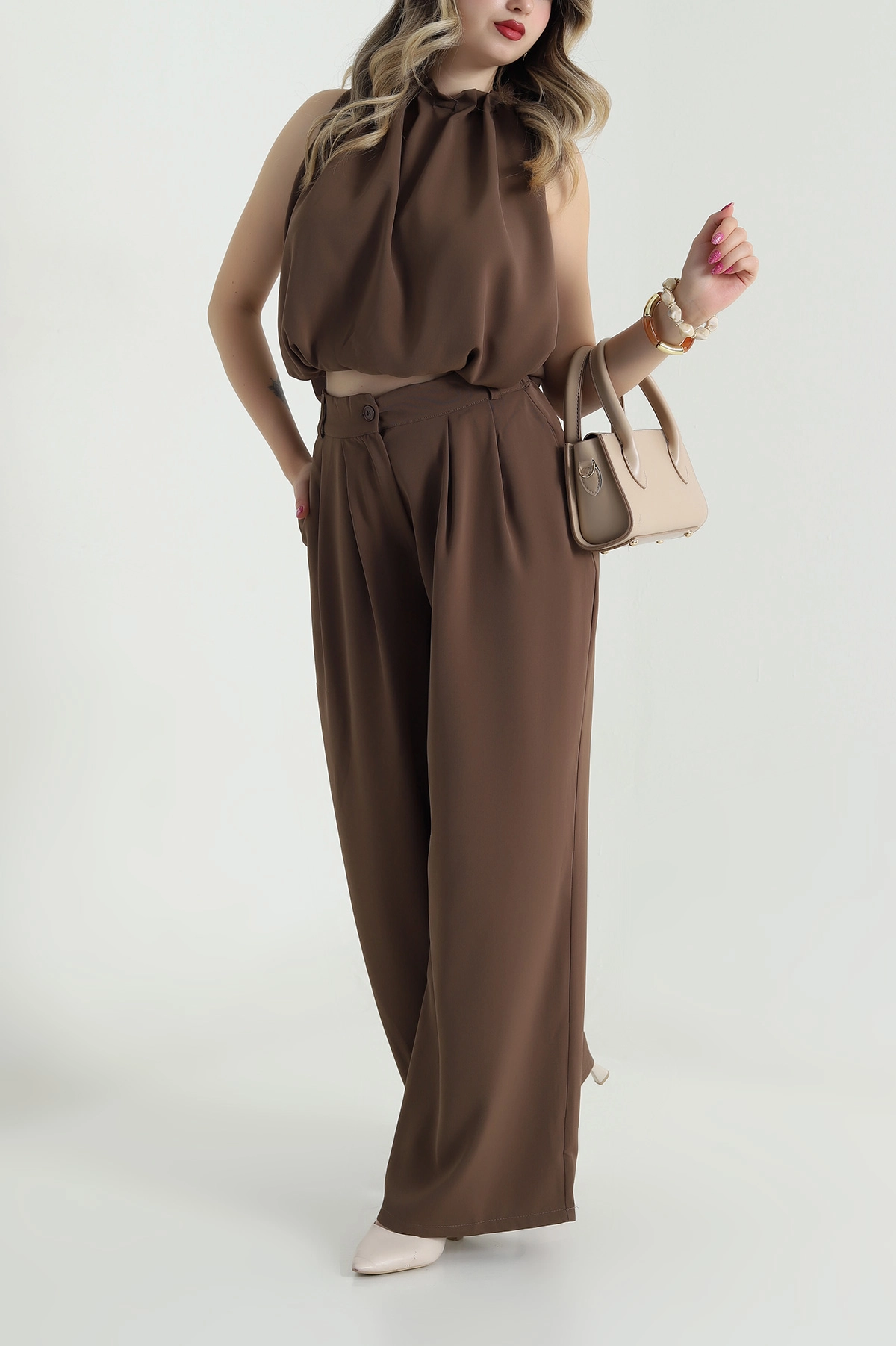 Kahverengi Pantolon Bluz Linda Kadın İkili Takım 484195