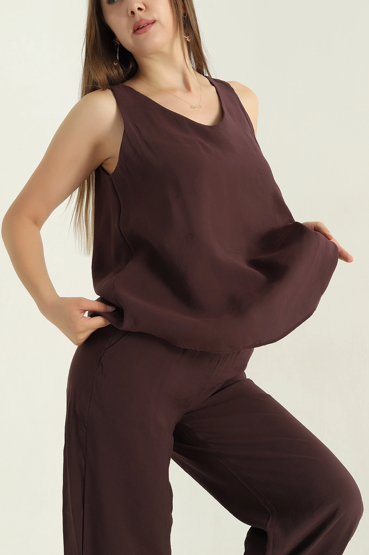 Kahverengi Pantolon Bluz Modal Kadın İkili Takım 367586