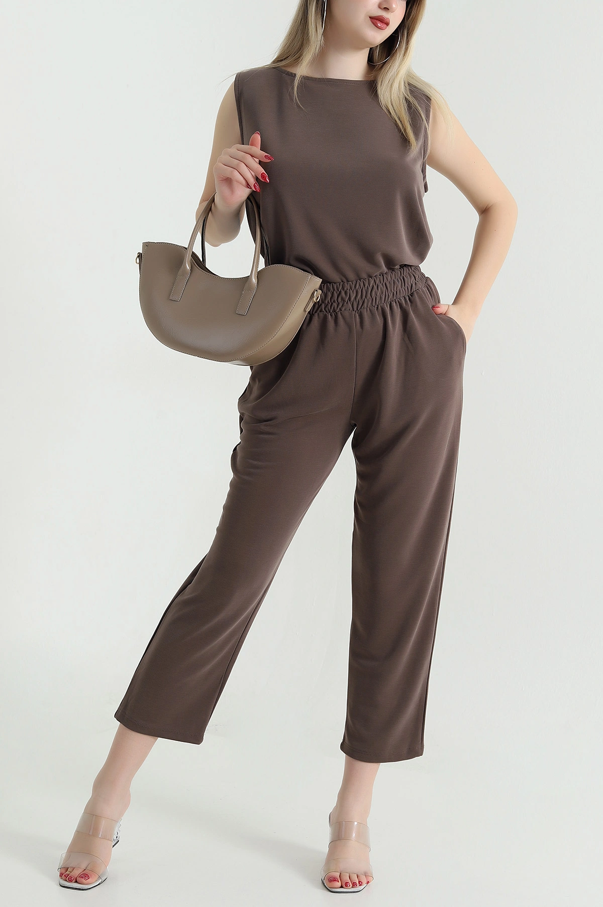 Kahverengi Pantolon Bluz Pike Modal Kadın İkili Takım 468595
