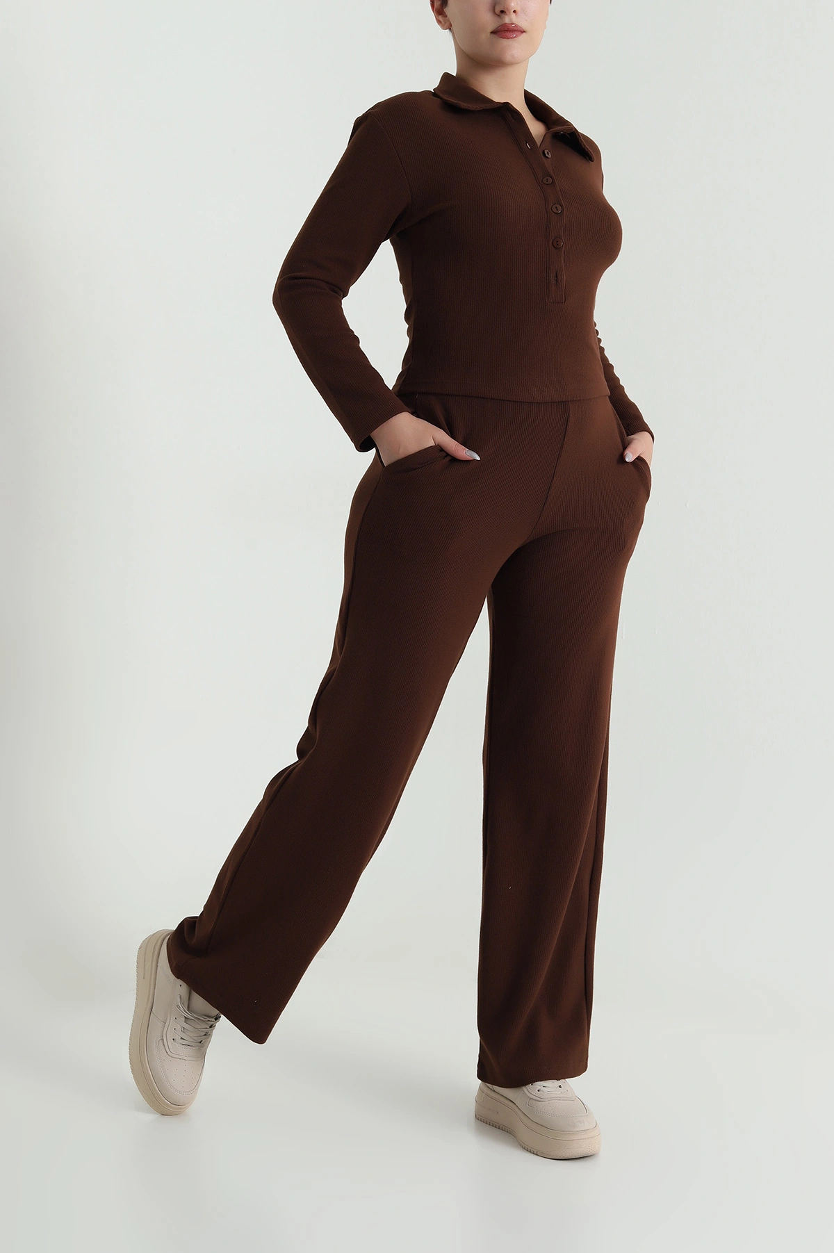 Kahverengi Pantolon Bluz Selanik Kadın İkili Takım 482917