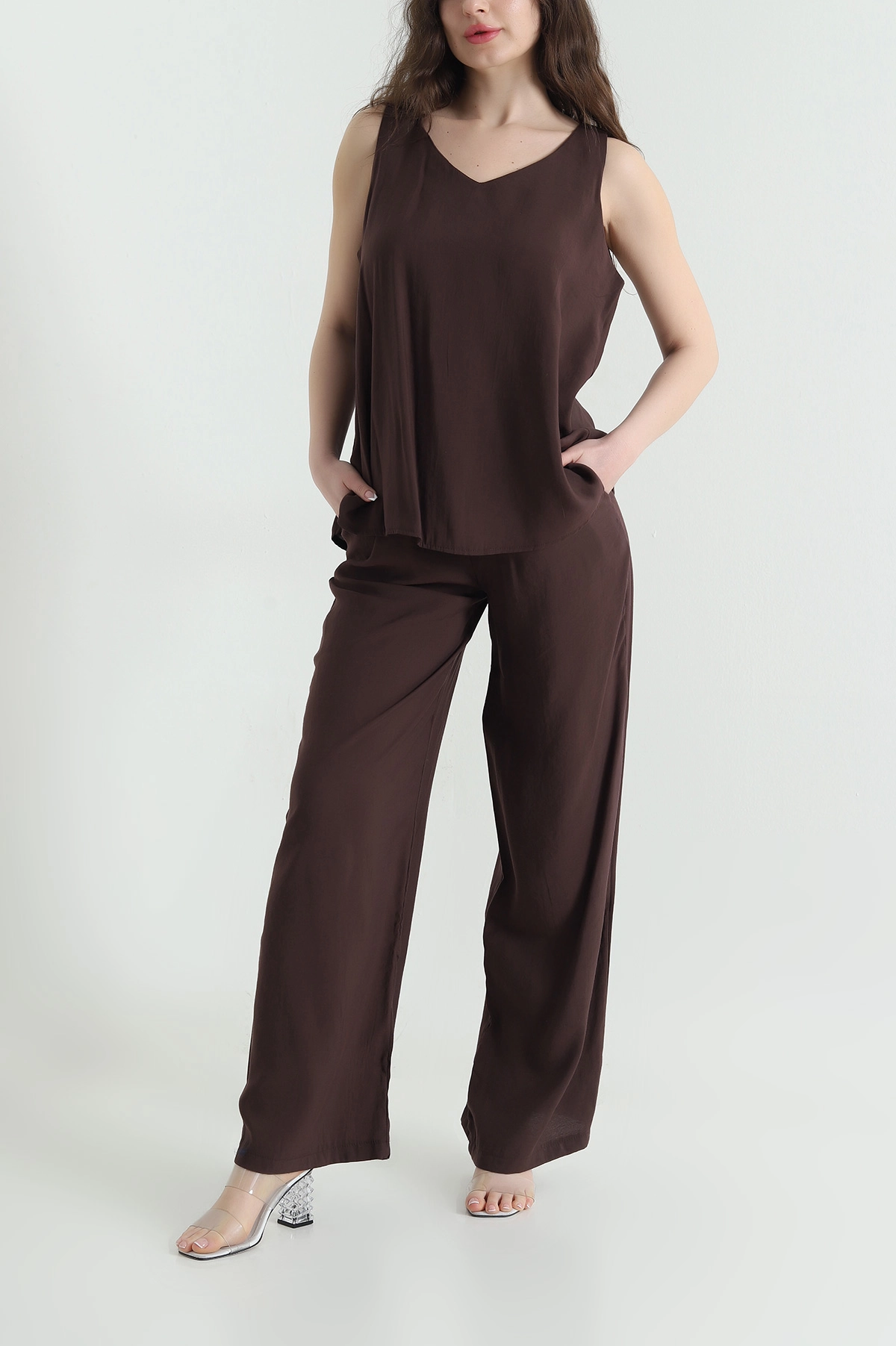 Kahverengi Pantolon Bluz Tensel Modal Kadın İkili Takım 453203