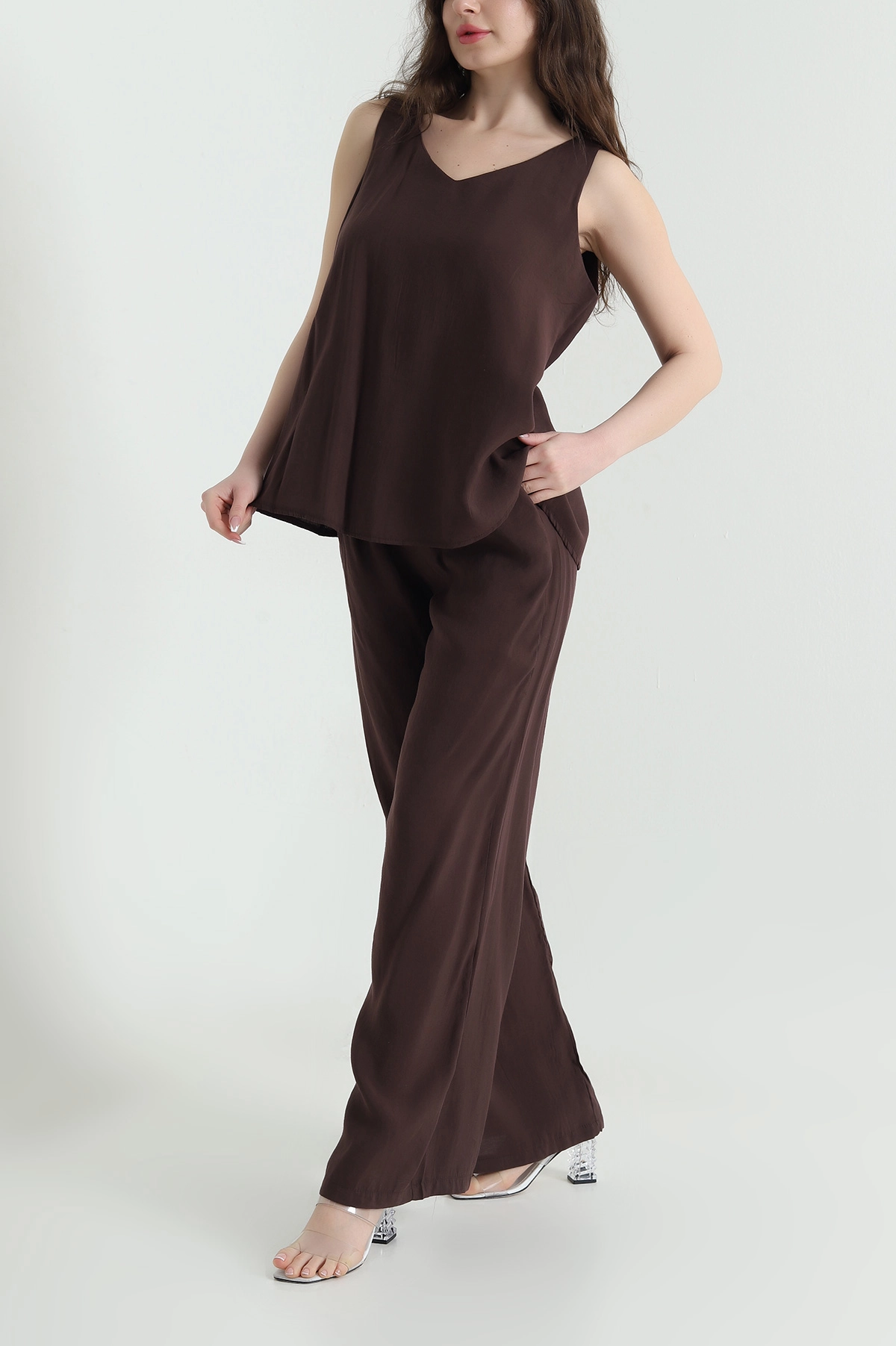 Kahverengi Pantolon Bluz Tensel Modal Kadın İkili Takım 453203