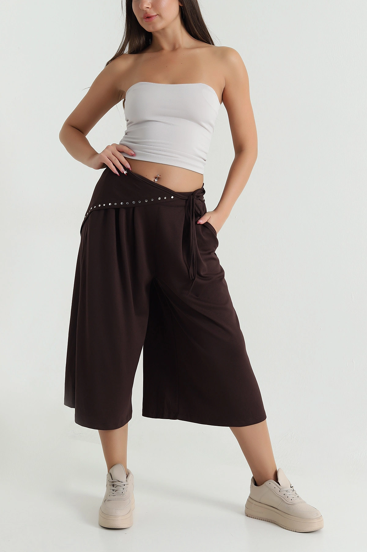 Kahverengi Peçeli Oversize Bel Lastikli Oysho Kadın Kapri 474622