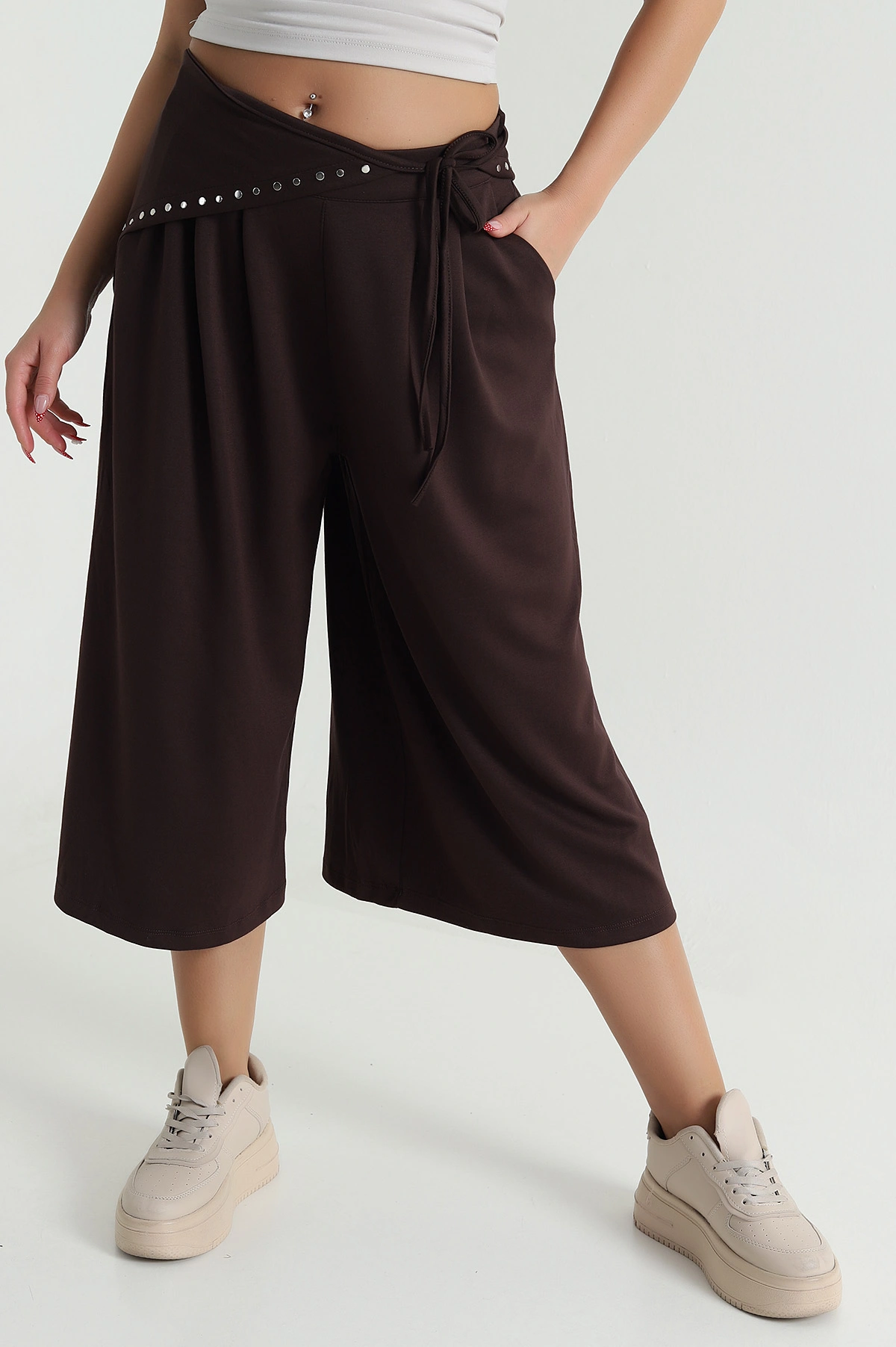 Kahverengi Peçeli Oversize Bel Lastikli Oysho Kadın Kapri 474622