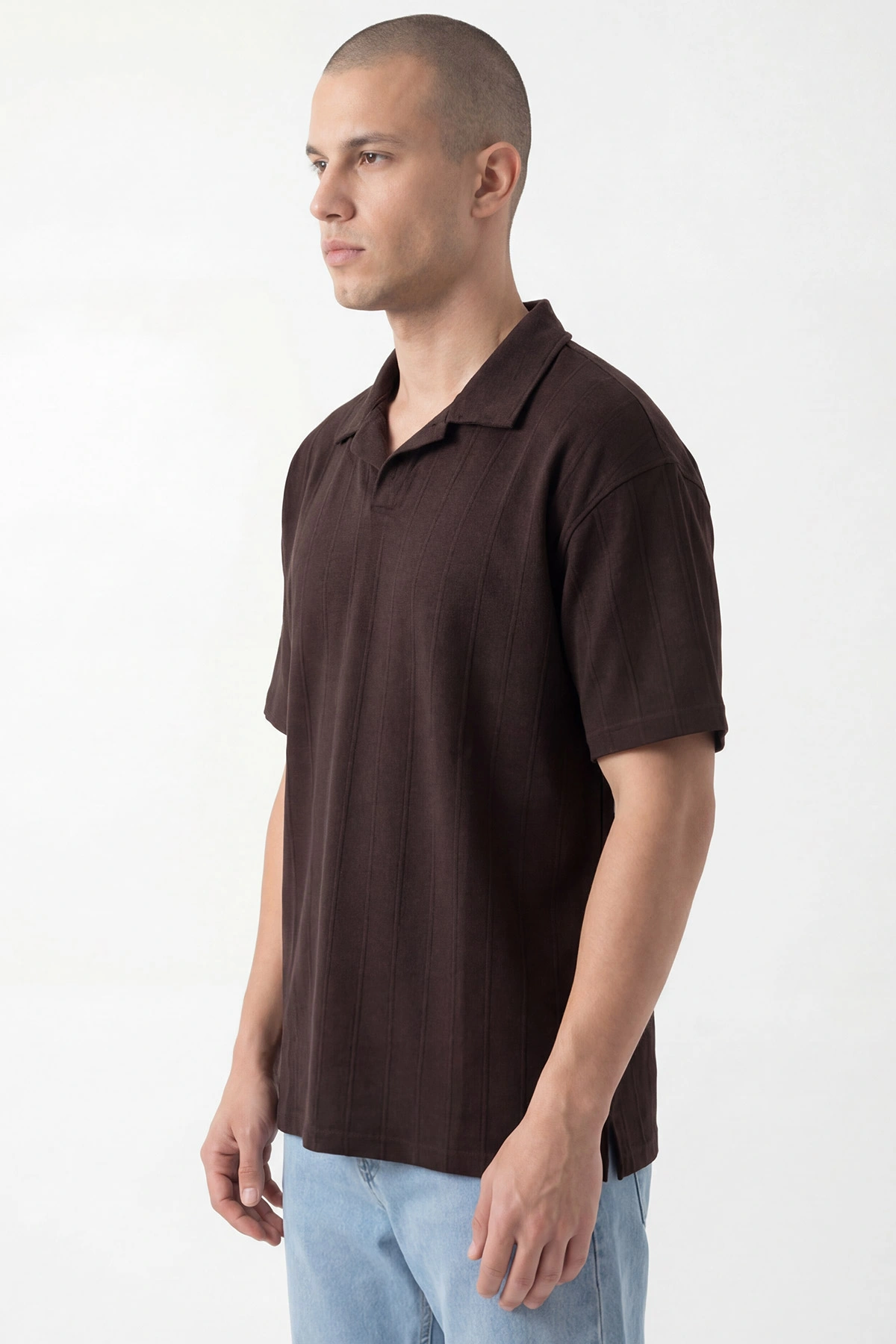 Kahverengi Pike Kumaş Oversize Polo Yaka Erkek Tişört 448948