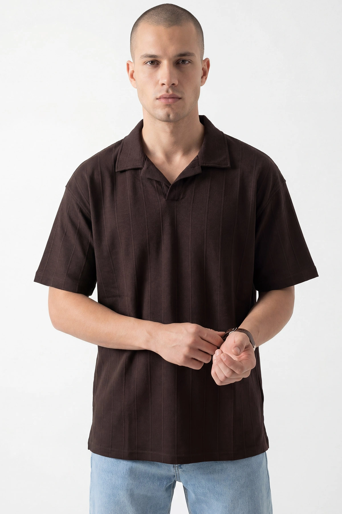 Kahverengi Pike Kumaş Oversize  Polo Yaka Erkek Tişört 448948