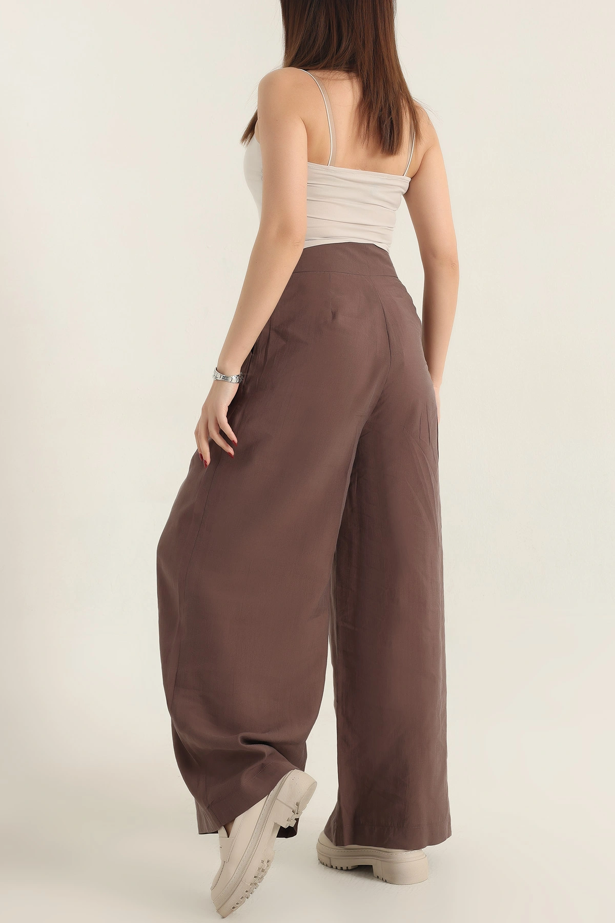 Kahverengi Pileli Cepli Bayan Tencel Pantolon 337622